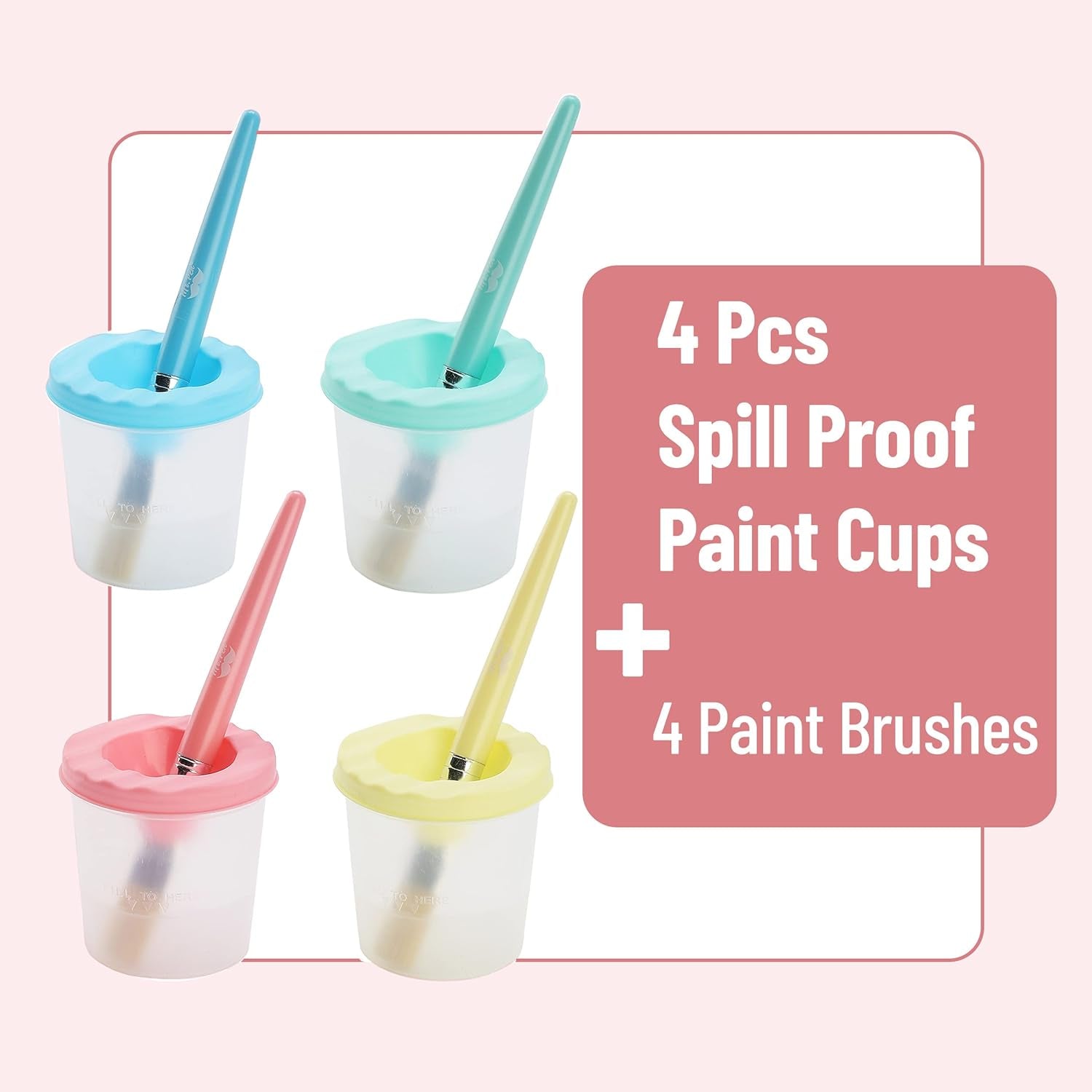 - No Spill Paint Cups with Pastel Colored Lids, 4 Pcs with 4 Paint Brushes, Paint Containers with Lids, Paint Cups with Lids for Kids, Paint Cups for Painting, Spill Proof Paint Cups for Kids