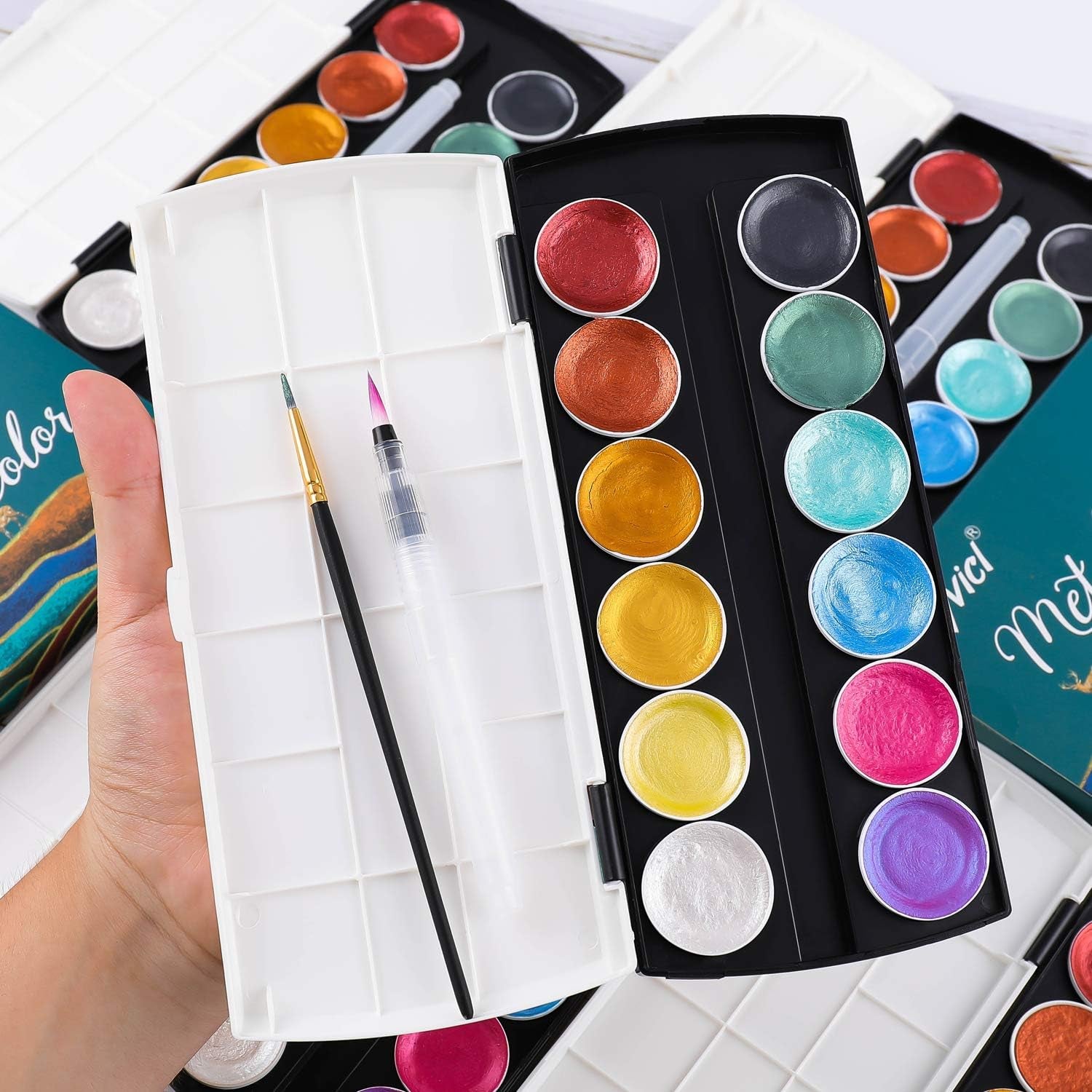 Glitter Metallic Watercolor Paints, 12 Assorted Colors, Portable Box with Water Brush, Sparkle Metallic Accents for Black Paper Drawing, Illustrating, Card Making, Coloring Books