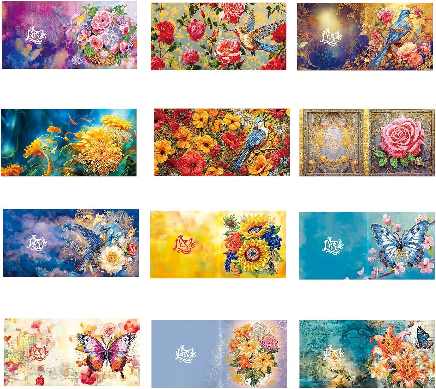 12 Packs Flower Butterfly Diamond Painting Greeting Card Kit Bird Diamond Art Greeting Cards Special Shaped Diamond Painting Greeting Card Arts Crafts for Birthday Thanksgiving Day