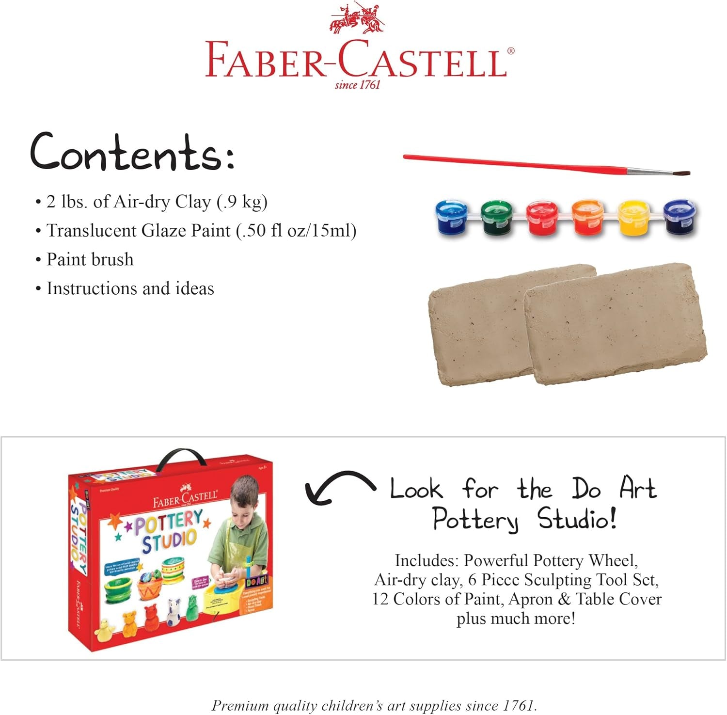 Pottery Studio Refill Kit - 2 Lbs. of Natural Air-Dry Pottery Clay, 6 Paint Pots and Paintbrush, Clay Making Kit for Kids