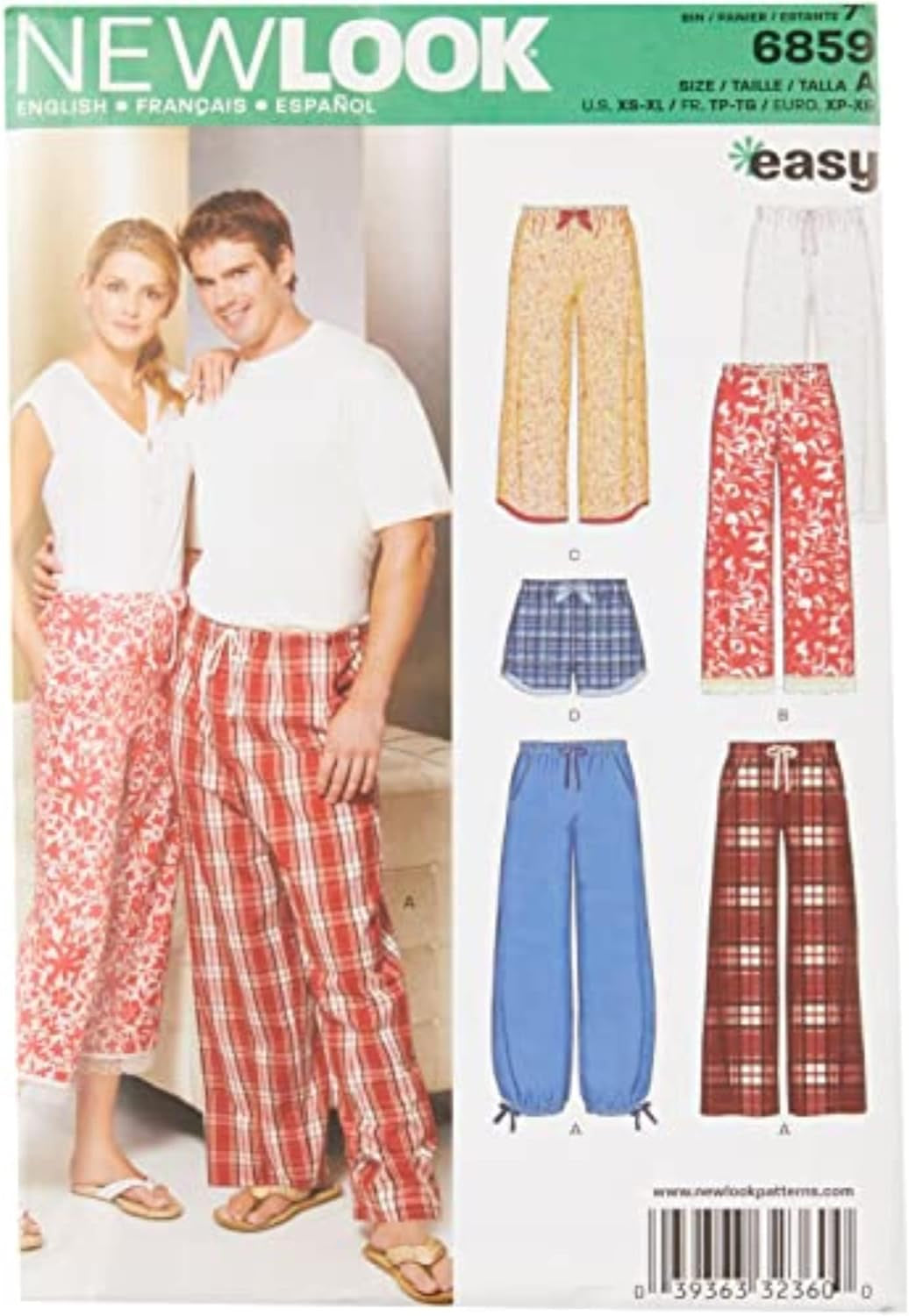 U06859A New Look Sewing Misses' and Mens' Pajama Pants and Shorts Sewing Pattern Kit, Code 6859, Sizes XS-XL