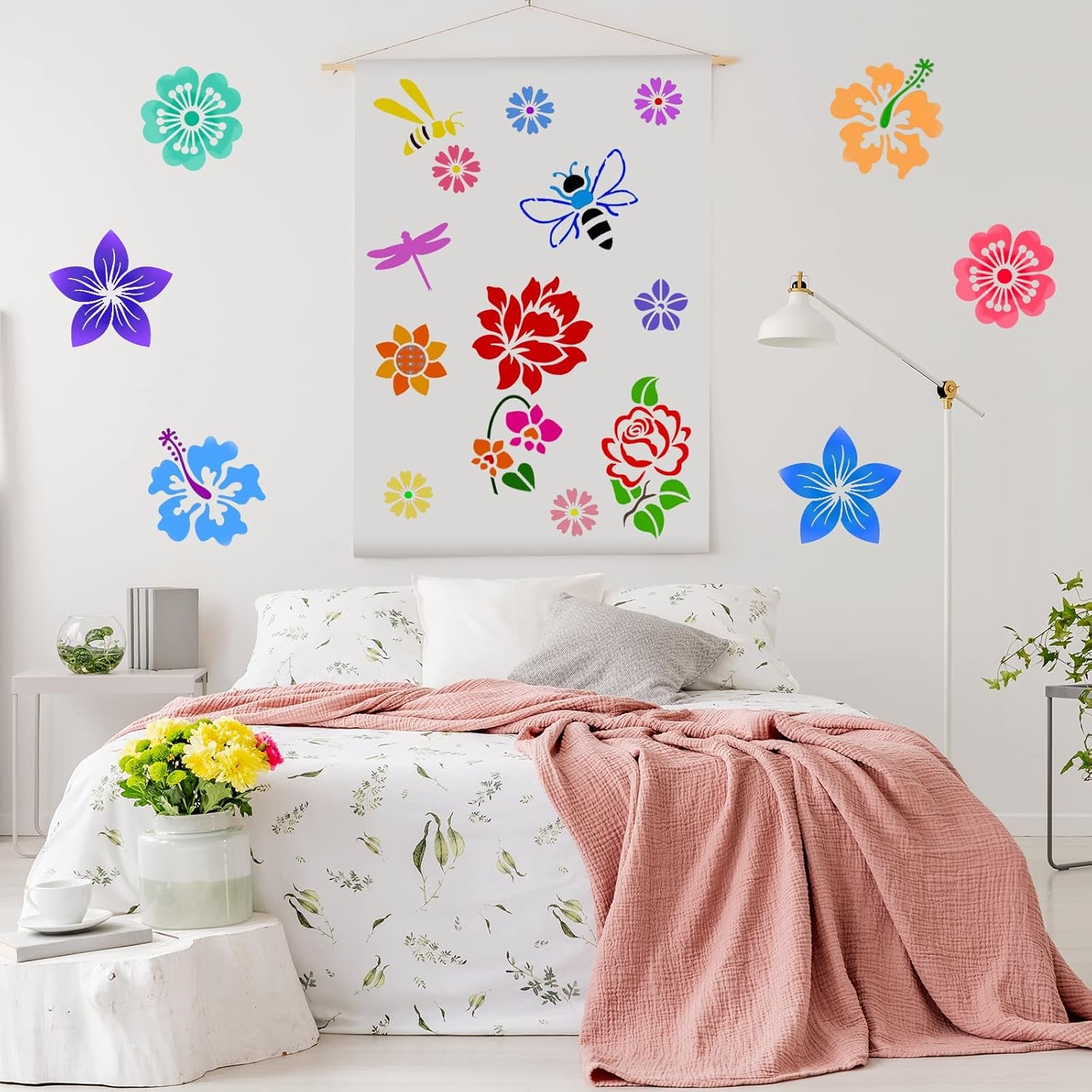 16 Pieces Flower Stencil for Painting Bee Sunflower Butterfly Spring Stencil Large Template Reusable Summer Painting Stencil and Metal Open Ring for DIY Craft on Wood Wall Home Decor(5.1 X 5.1 Inch)