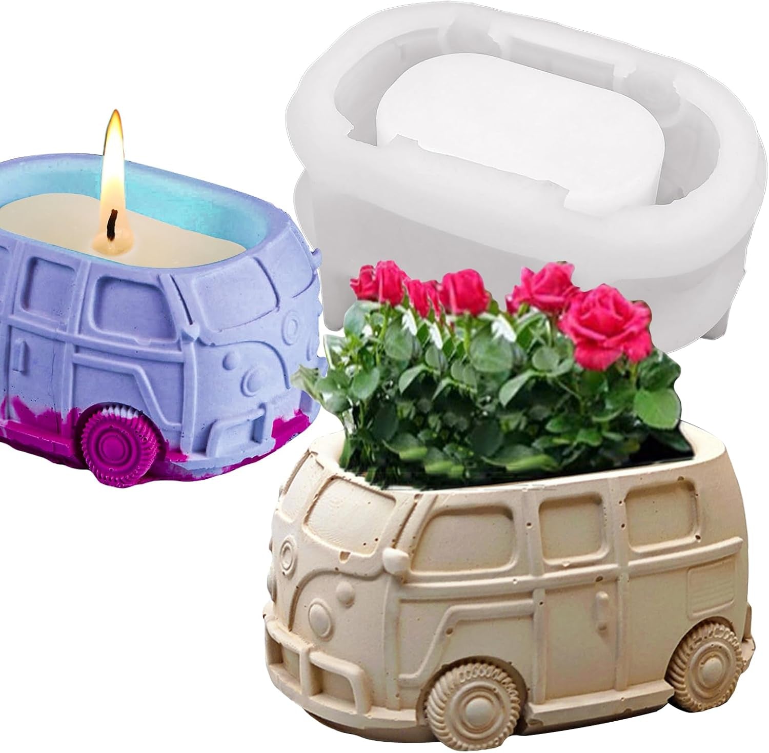 3D Bus Flower Pot Silicone Mold Container Bowl Resin Mold Retro Car Shape Candle Vessel Concrete Cement Mold Epoxy Resin Casting Silicone Molds Succulent Planter Storage Box DIY Art Crafts