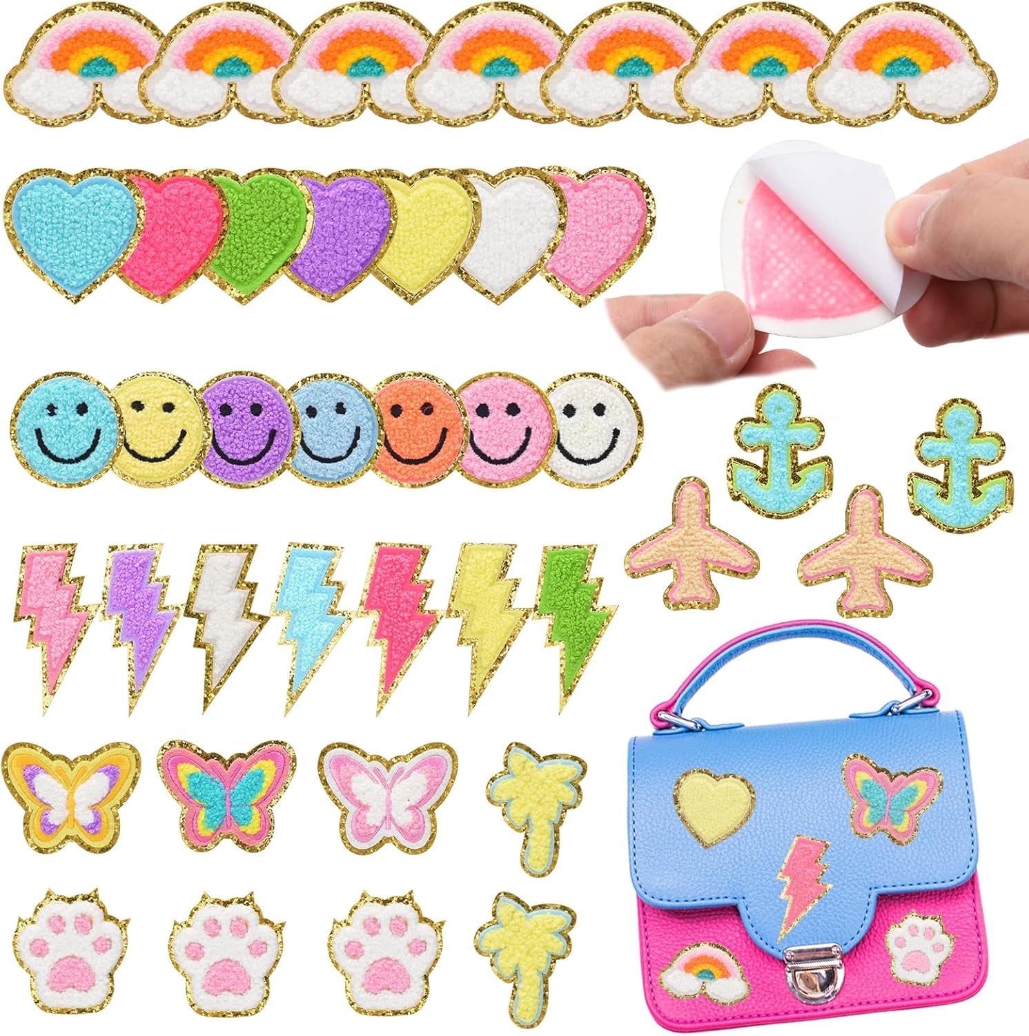 40 Pcs Chenille Embroidered Patches, Self Adhesive Glitter Patches Flowers Stars Hearts Rainbows Butterflies Cat Paws Diamonds Lightning Fabric Stickers for Clothes Repair Decor Accessories