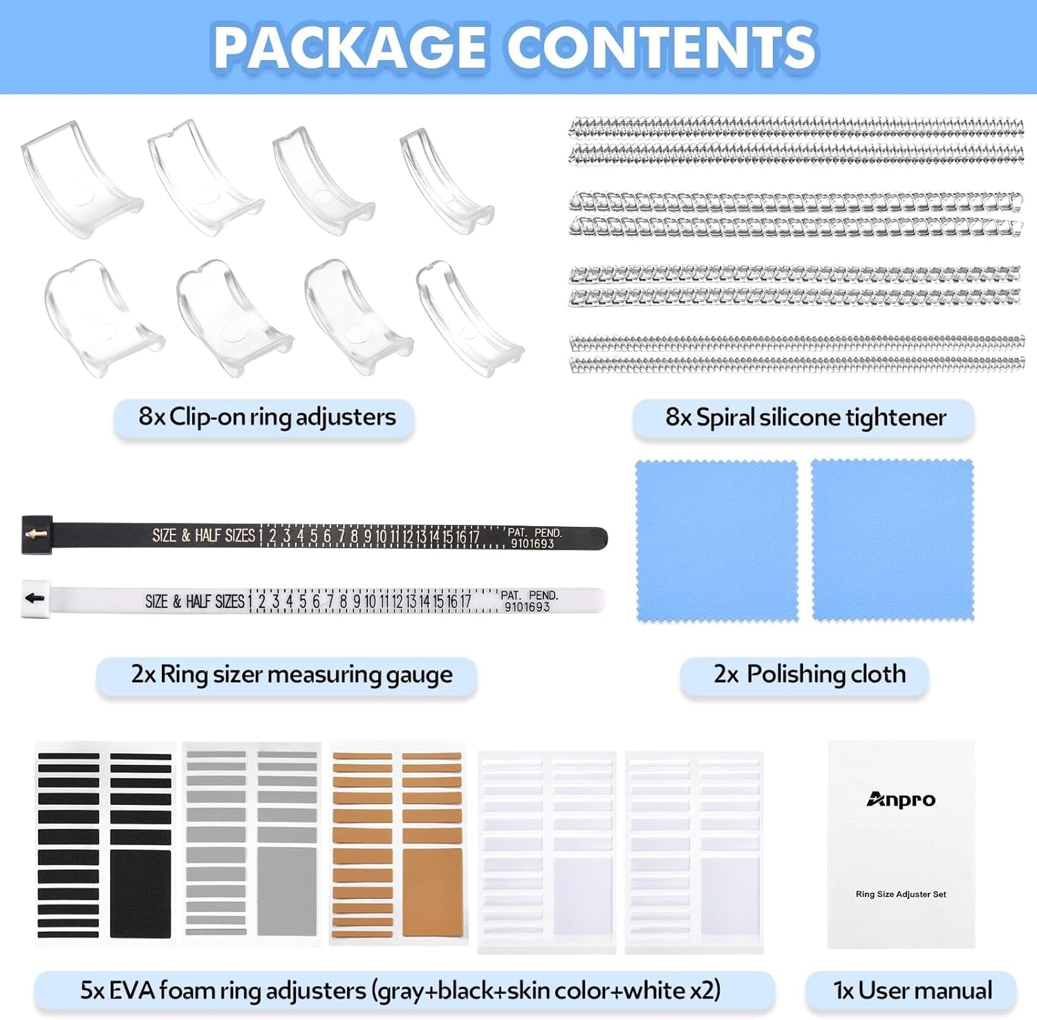 Ring Size Adjuster for Loose Rings- 110 Pcs Ring Size Adjusters Set Includes 8 Plug-In Invisible Ring Adjuster, 8 Spiral Silicone Tightener, EVA Invisible Sticker,Ring Size Measuring Tool