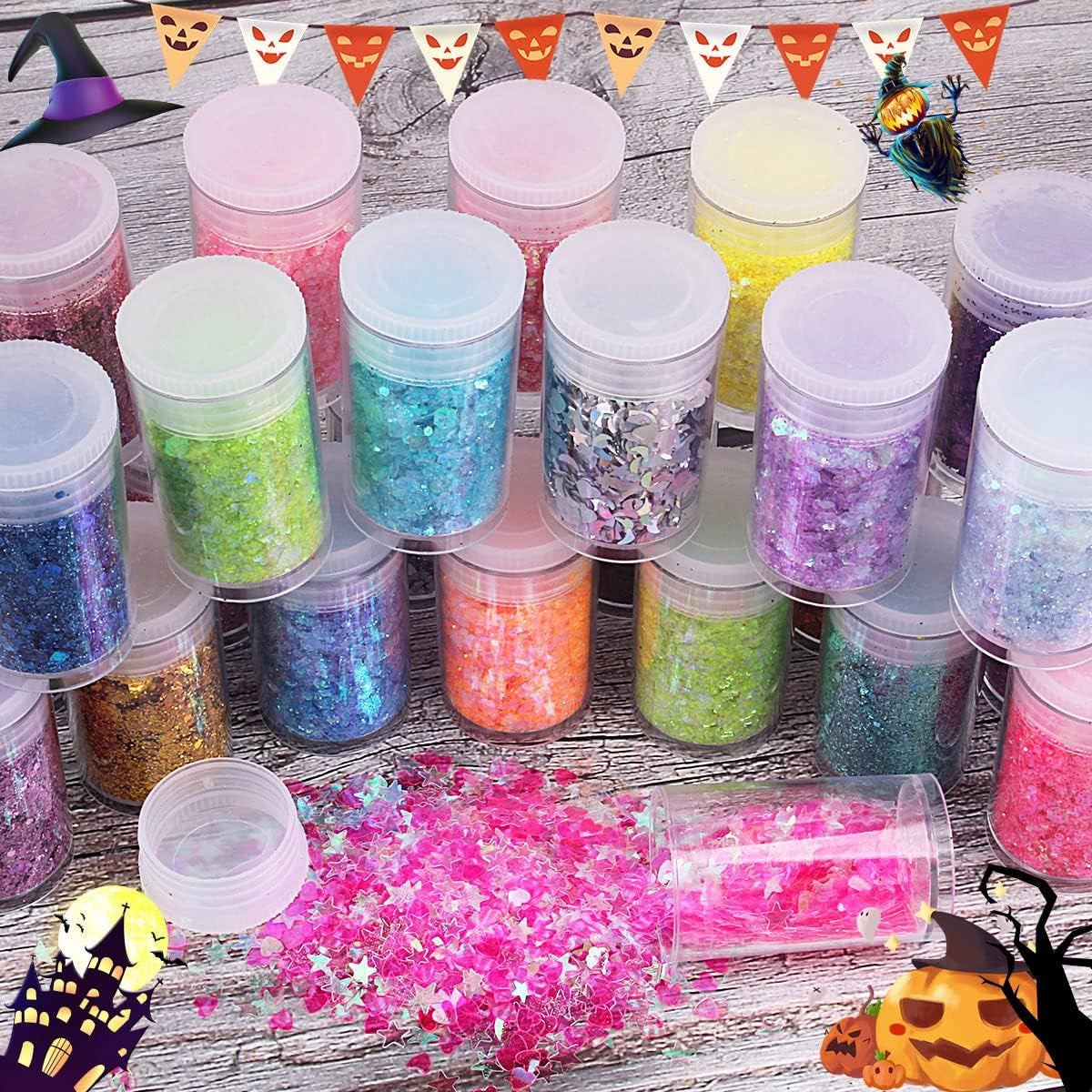 Holographic Chunky and Fine Glitter Mix, 36 Colors Chunky Sequins & Glitter Powder Mix, Iridescent Cosmetic Glitter Flakes for Nail Art Face Body Eye Makeup, Craft Glitter for Epoxy Resin Tumblers