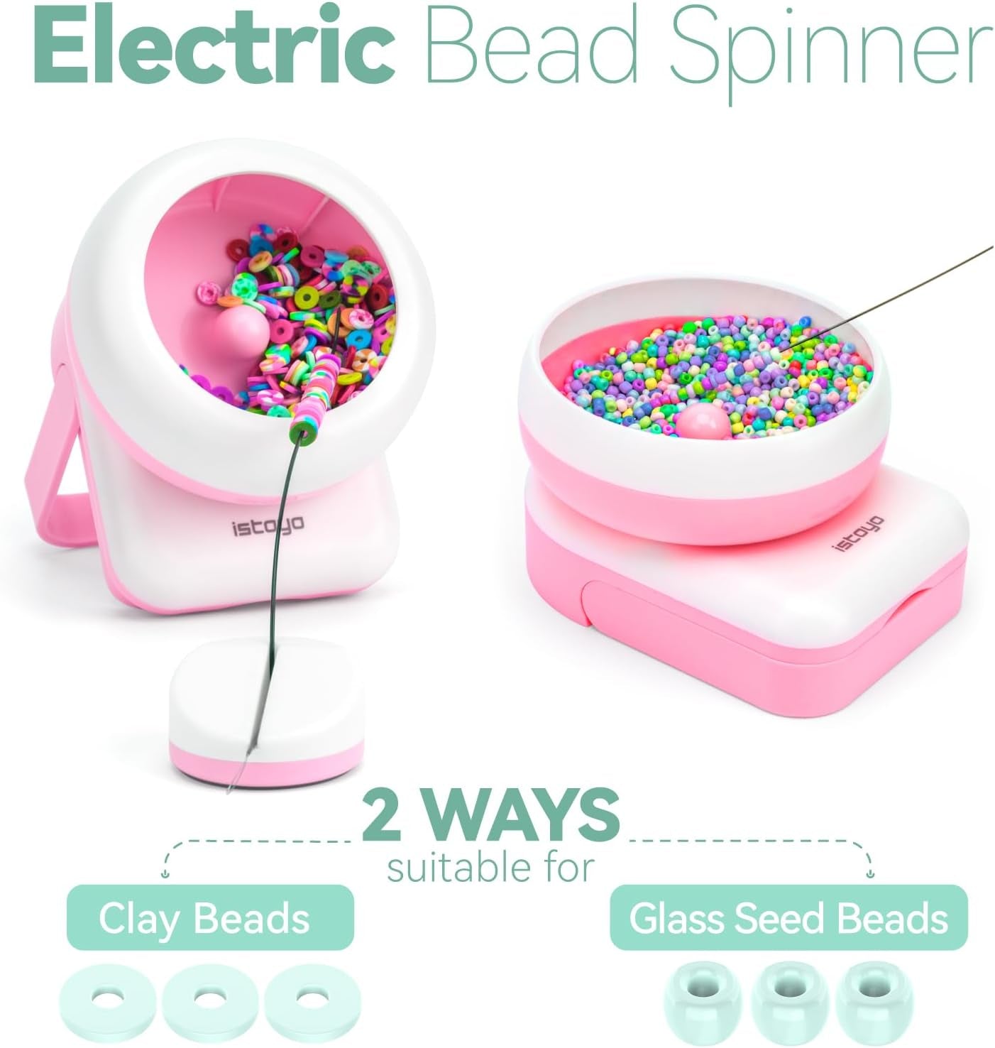 2IN1 Adjustable Electric Clay and Seed Bead Spinner - Dual-Purpose Jewelry Making Tool with Big Eye Beading Needle - Ideal for Bracelets and Necklaces - Vibrant Pink