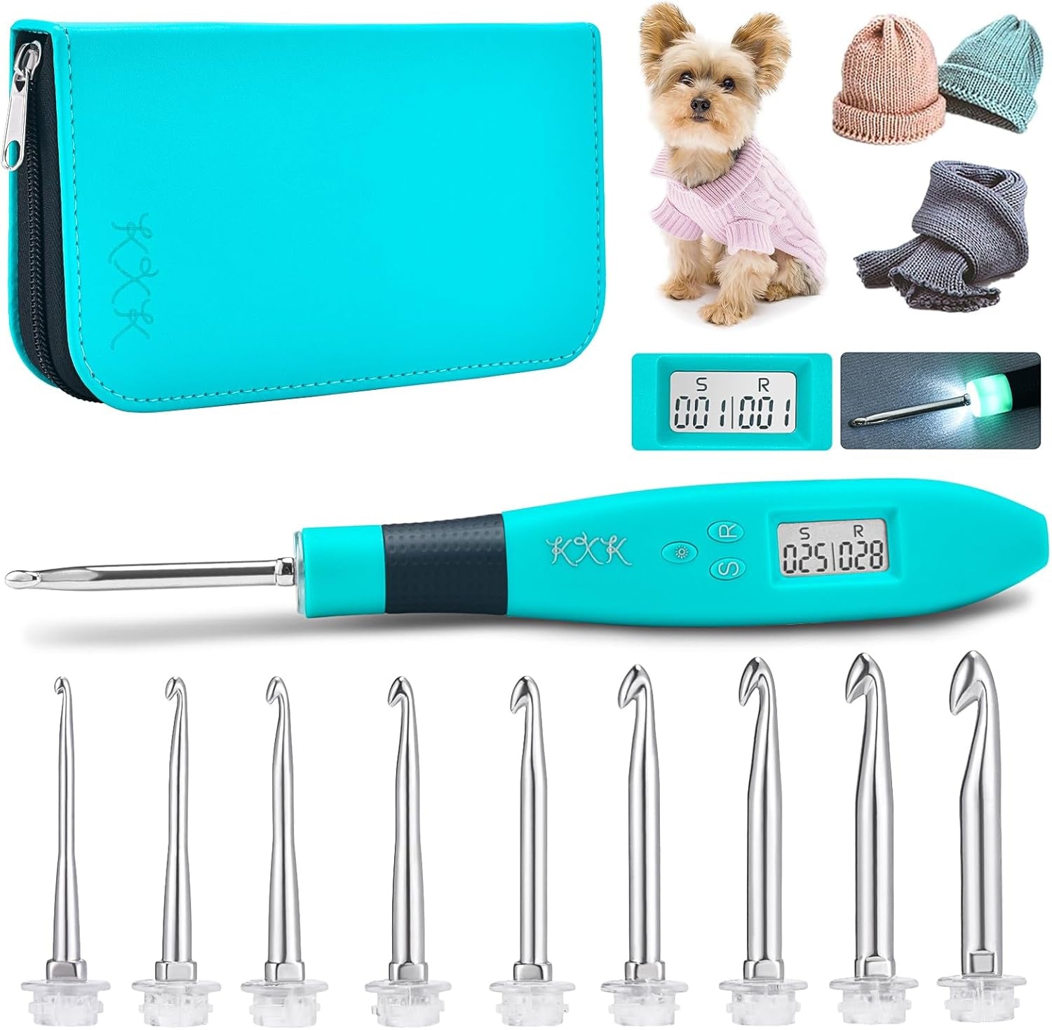 Counting Crochet Hook Set, Ergonomic Crochet Hooks with Led and Digital Stitch Counter, Crochet Kit with 9 Interchangeable Crochet Needle for Crocheting and Knitting