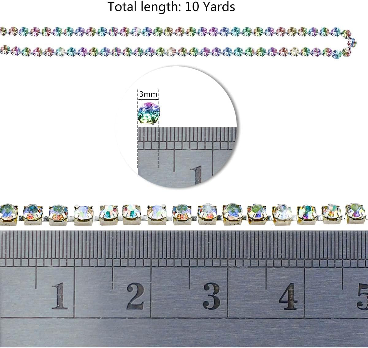 1 Roll 10 Yards 3MM Crystal Rhinestone Close Chain Trim for Sewing Craft DIY Decoration Jewelry AB Color Crystal Claw Chain Rhinestone Cup Chain Rhinestone Chain Trimming for Wedding Clear Trim (SS12)