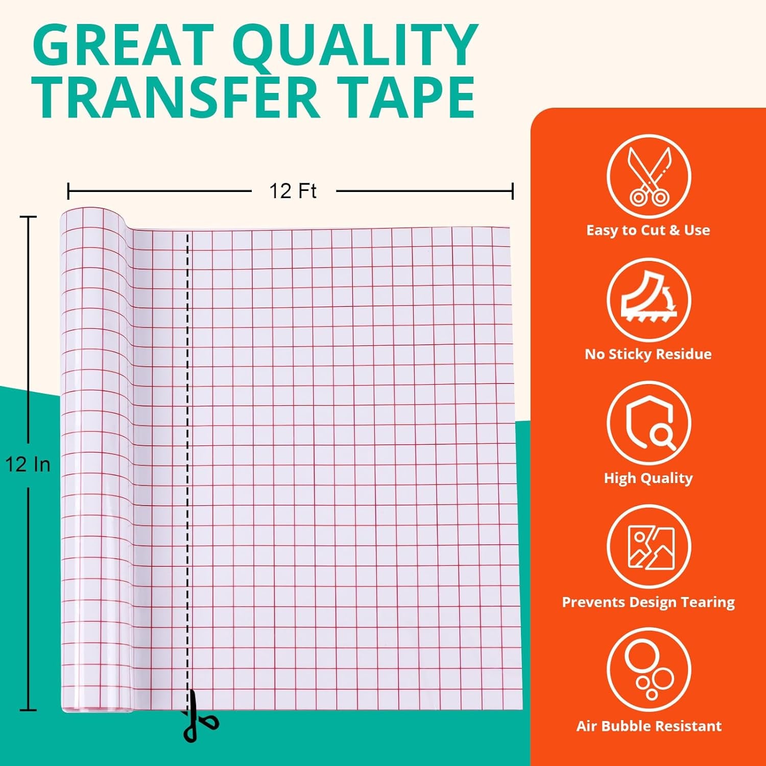 Vinyl Transfer Tape, Medium Tack, Red Grid, 12" X 12 FT, for Cricut Signs, Stickers, Decals, Walls, Doors & Windows