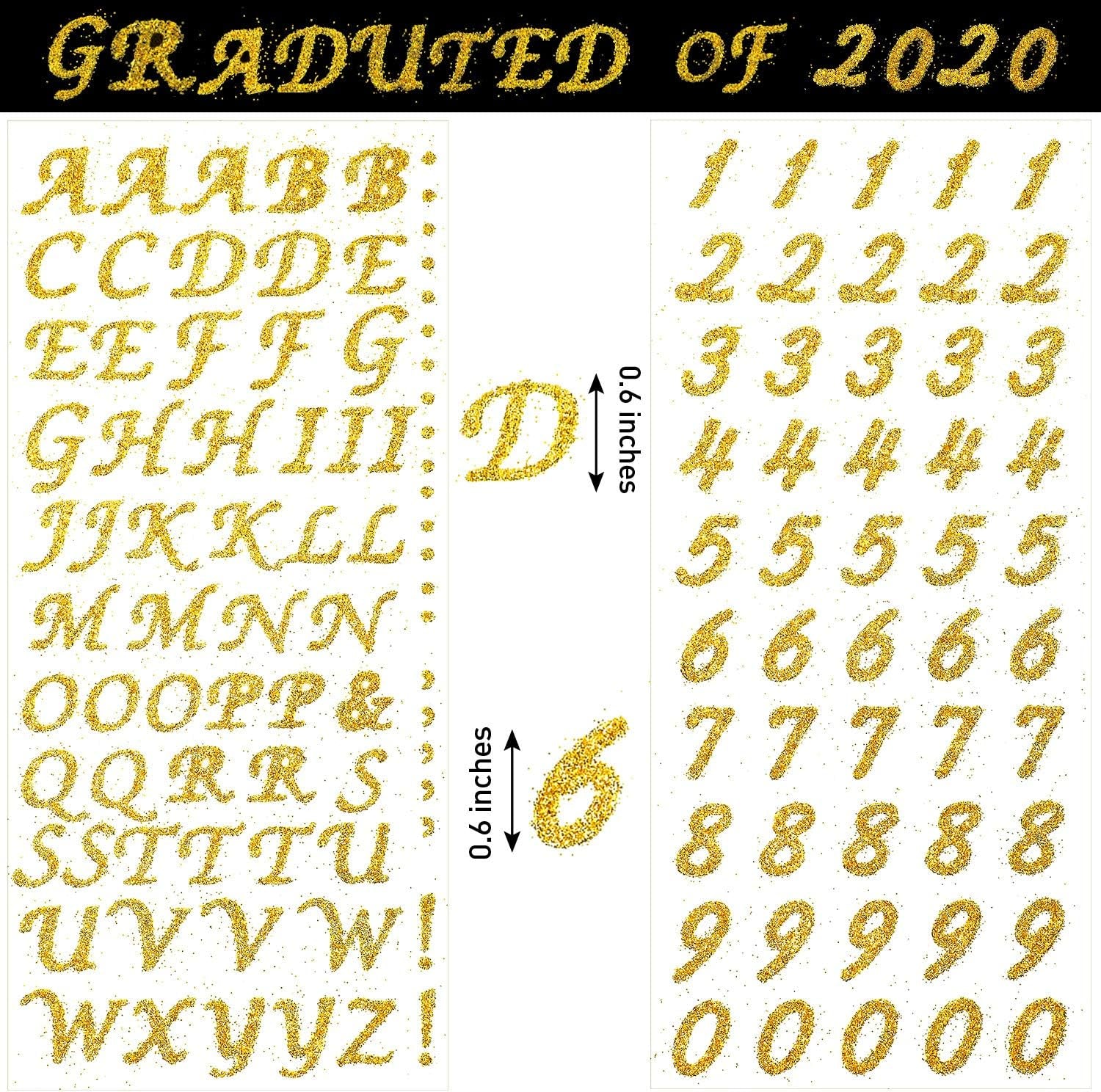 5 Sheets Graduation Cap Stickers Decoration Glitter Alphabet Letter Stickers Self-Adhesive Rhinestone Letter Number Stickers for Grad Cap Craft Decorations (Gold)