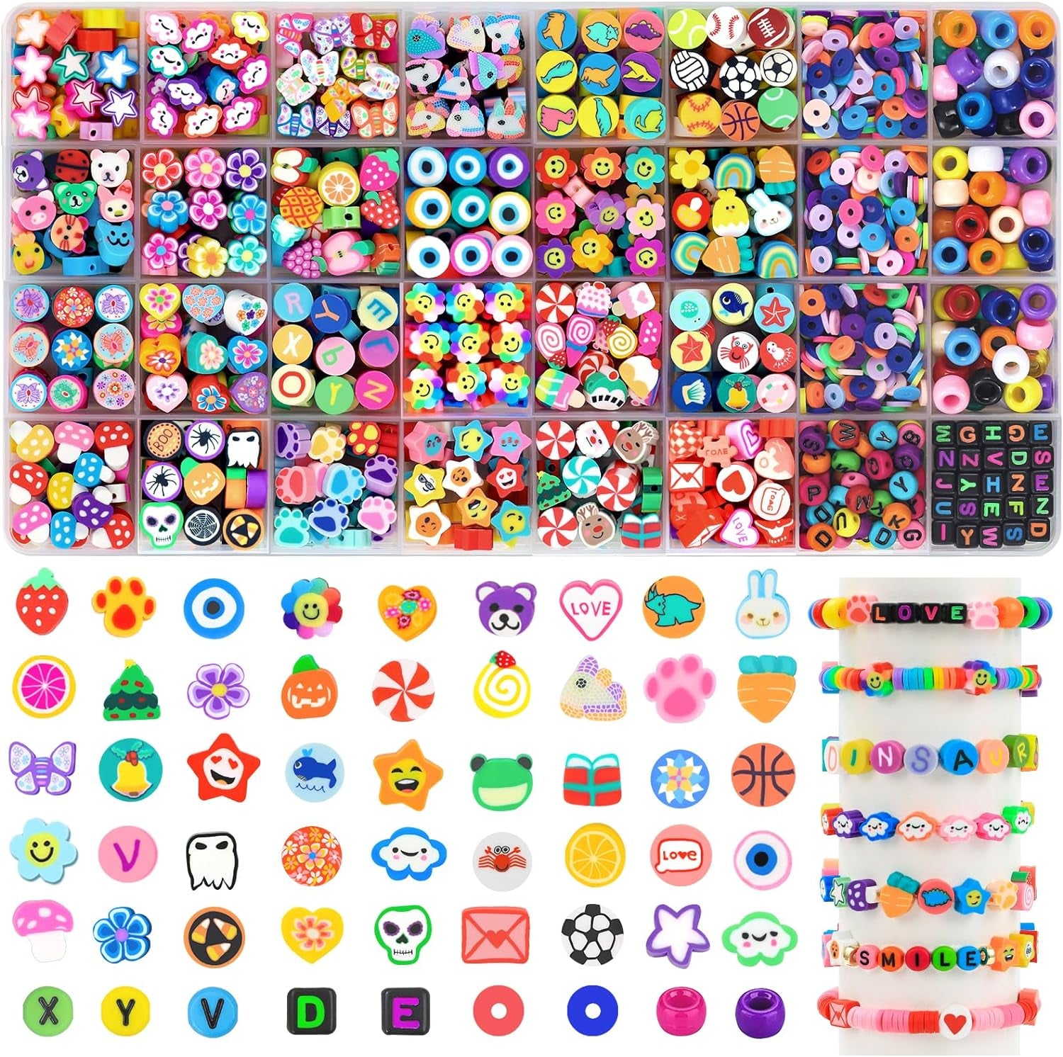 300PCS Clay Beads Charms,Fruit Flower Letter Beads Soft Beads for Women Girls Bracelet Making DIY Bracelet Necklace Earring Accessories with 4M Crystal Elastic String