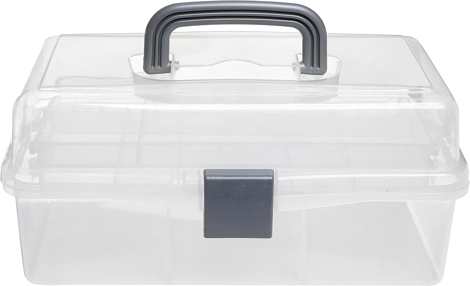 13 Inch Transparent Plastic Empty Multipurpose Storage Box with Gray Handle, Latching Lid and 2 Expandable Trays for Tools, First Aid, Sewing Kit, Arts Crafts Supplies