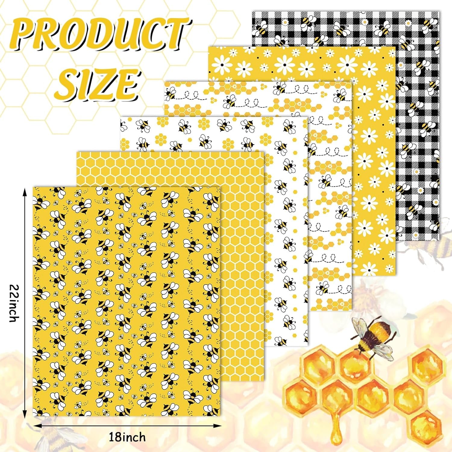 6Pcs Summer Cotton Fabric Bundles Bee Daisy Honeycomb Plaid Fat Quarters Bee Theme Quilting Patchwork Squares for DIY Handmade Craft Decor, 18 X 22 Inch