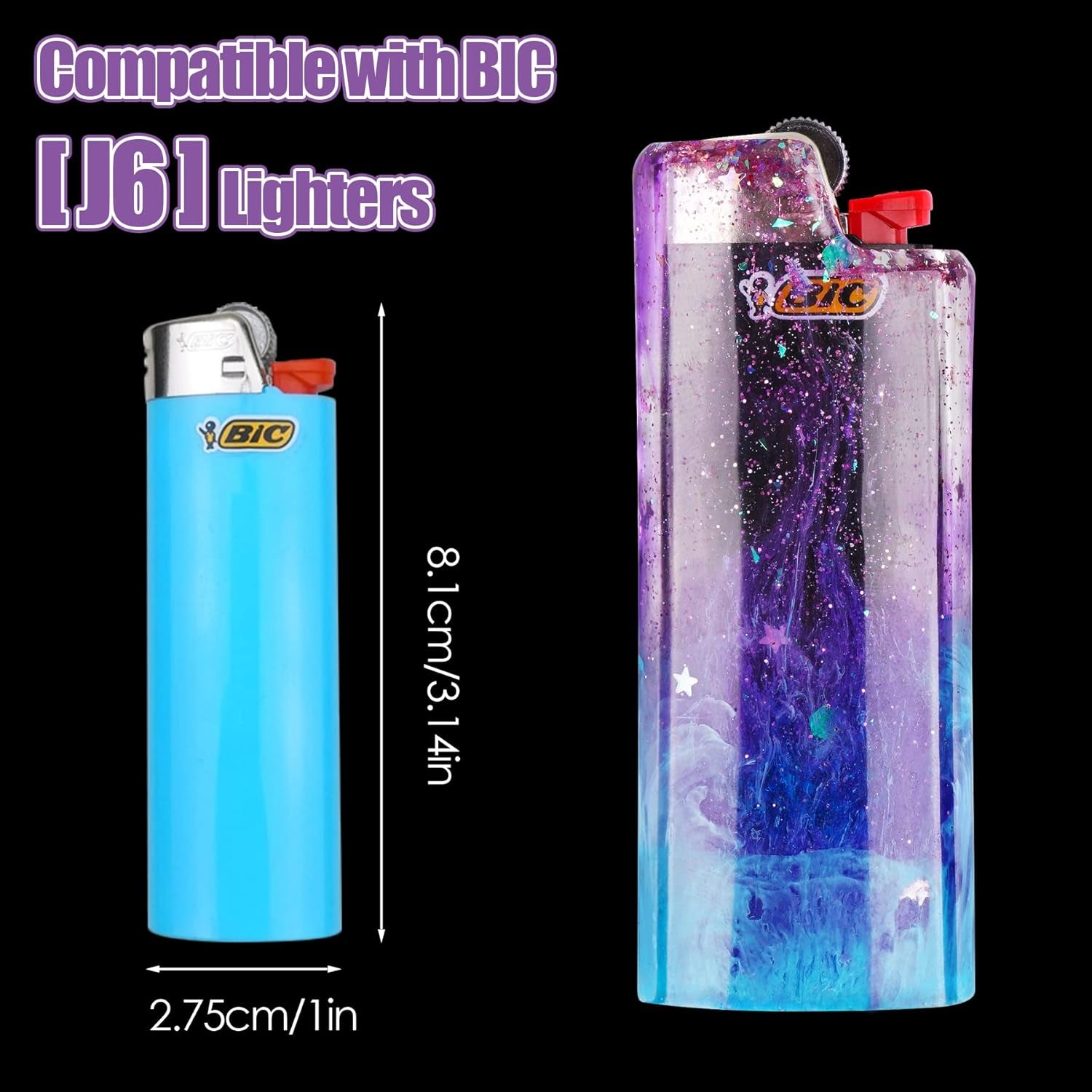 2PCS Pocket Lighter Case Epoxy Resin Silicone Mold & Glitter Pack, Work for Standard Size BIC J6 Lighter Protective Cover Sleeve Pouch Wrap Holder DIY Art Craft (Classic/Full/Maxi/Regular/J6)