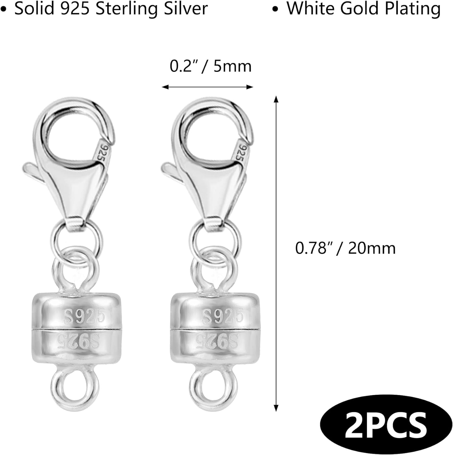 Magnetic Necklace Clasps and Closures, 2 Pcs 925 Sterling Silver Magnetic Clasps for Necklaces White Gold Plated Converter Closures Connector Clasps for Bracelet Anklet DIY Jewelry Making Supplies