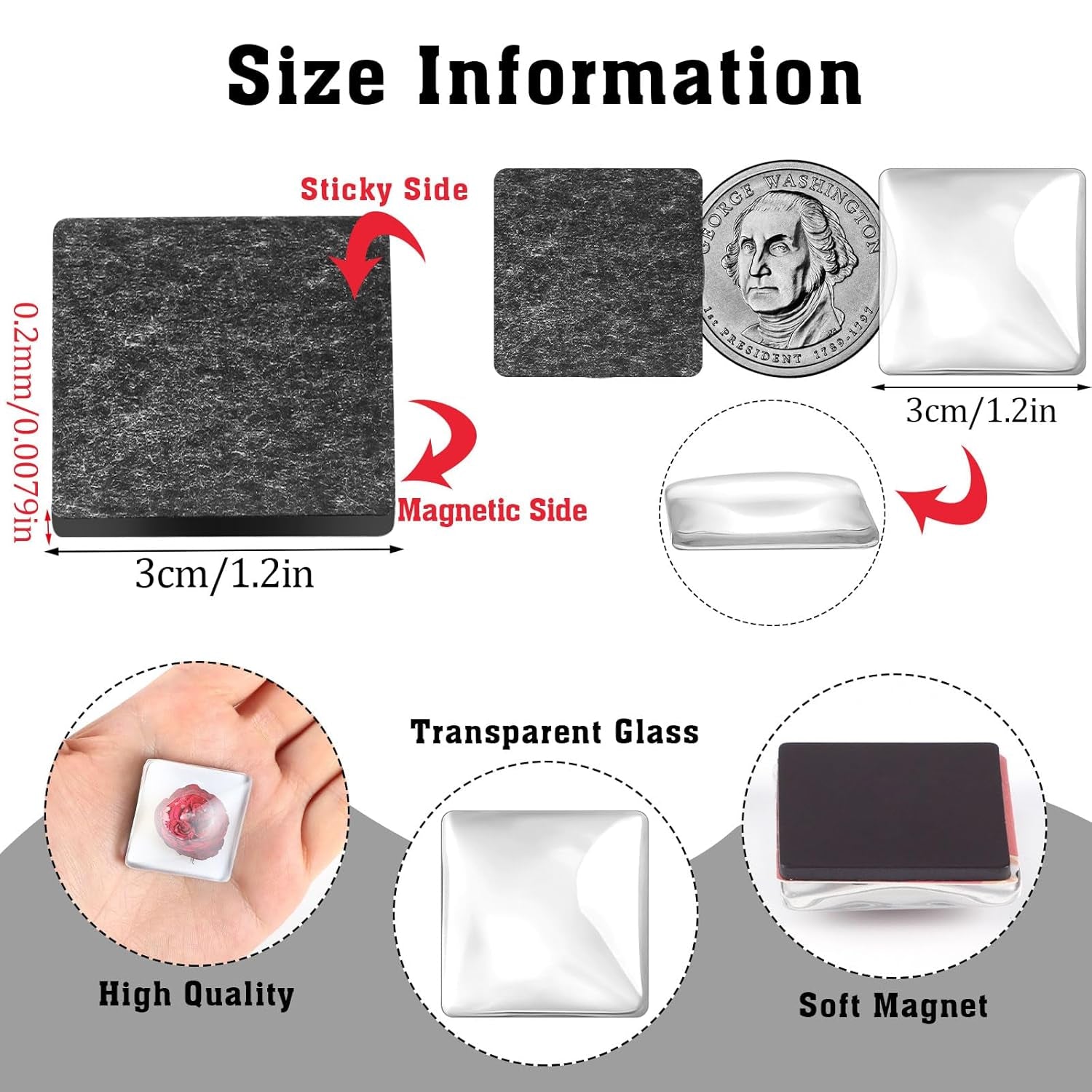 96Pcs Craft Magnets Glass Magnet with Adhesive Backing and Transparent Clear Glass Cabochons DIY Magnets for Fridge Refrigerator Magnets(Square,1.2 Inch)