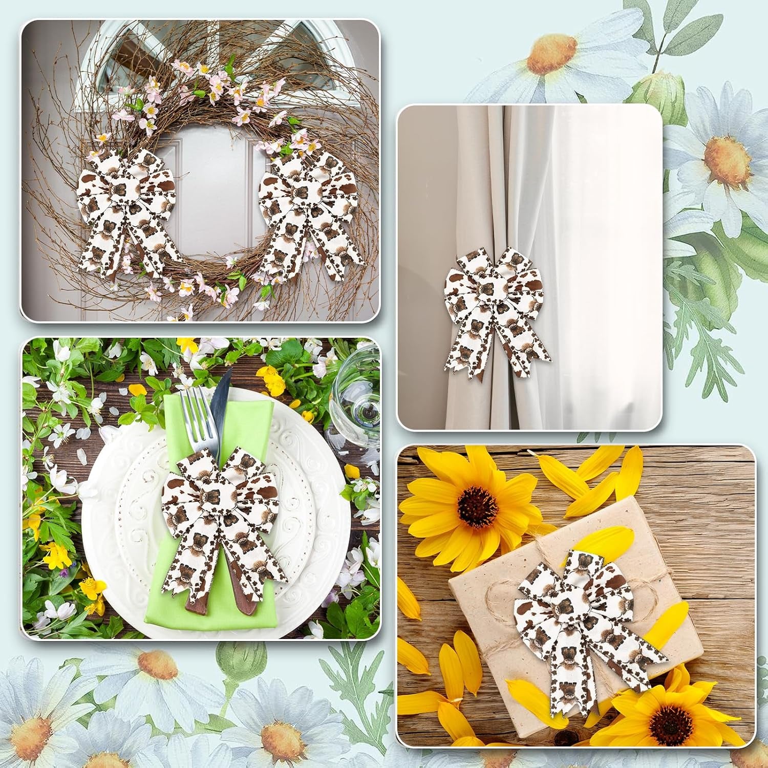 Highland Cow Wired Edge Ribbon Cow Print Craft Ribbon White Brown Fabric Ribbon for Wreath Bow Making DIY Crafts Wrapping Party Decor Supplies, 2 Rolls, 20 Yard