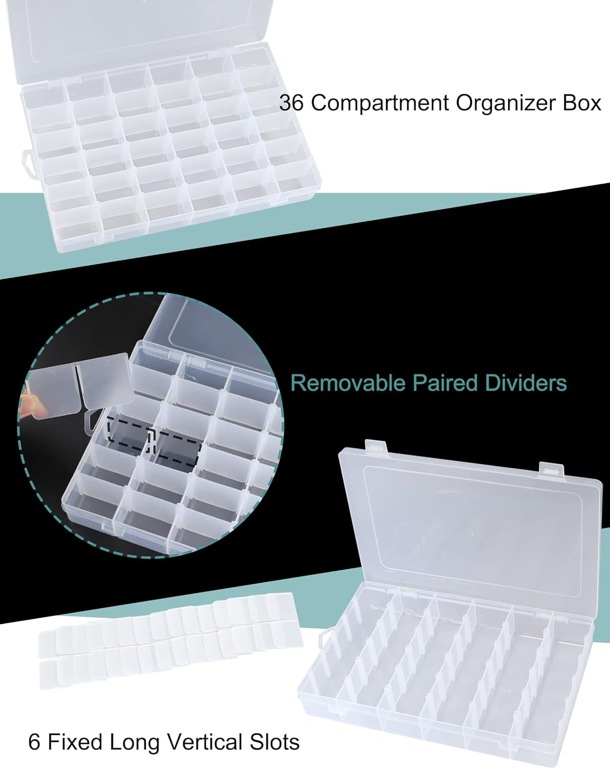 Bead Organizer 2 Pack 3600 Tackle Box Organizer Clear Organizer Box 36 Grids Plastic Craft Organizer Jewelry Sewing Storage Box with Dividers