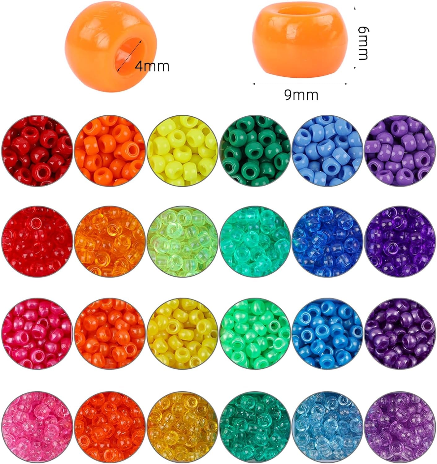 2880Pcs Pony Beads Kit, Kandi Beads for Hair, Rainbow Beads Plastic Bead for Craft 6 X 9Mm 24 Colors 4 Styles Large Hole Beads Set for Bracelets Jewelry Making