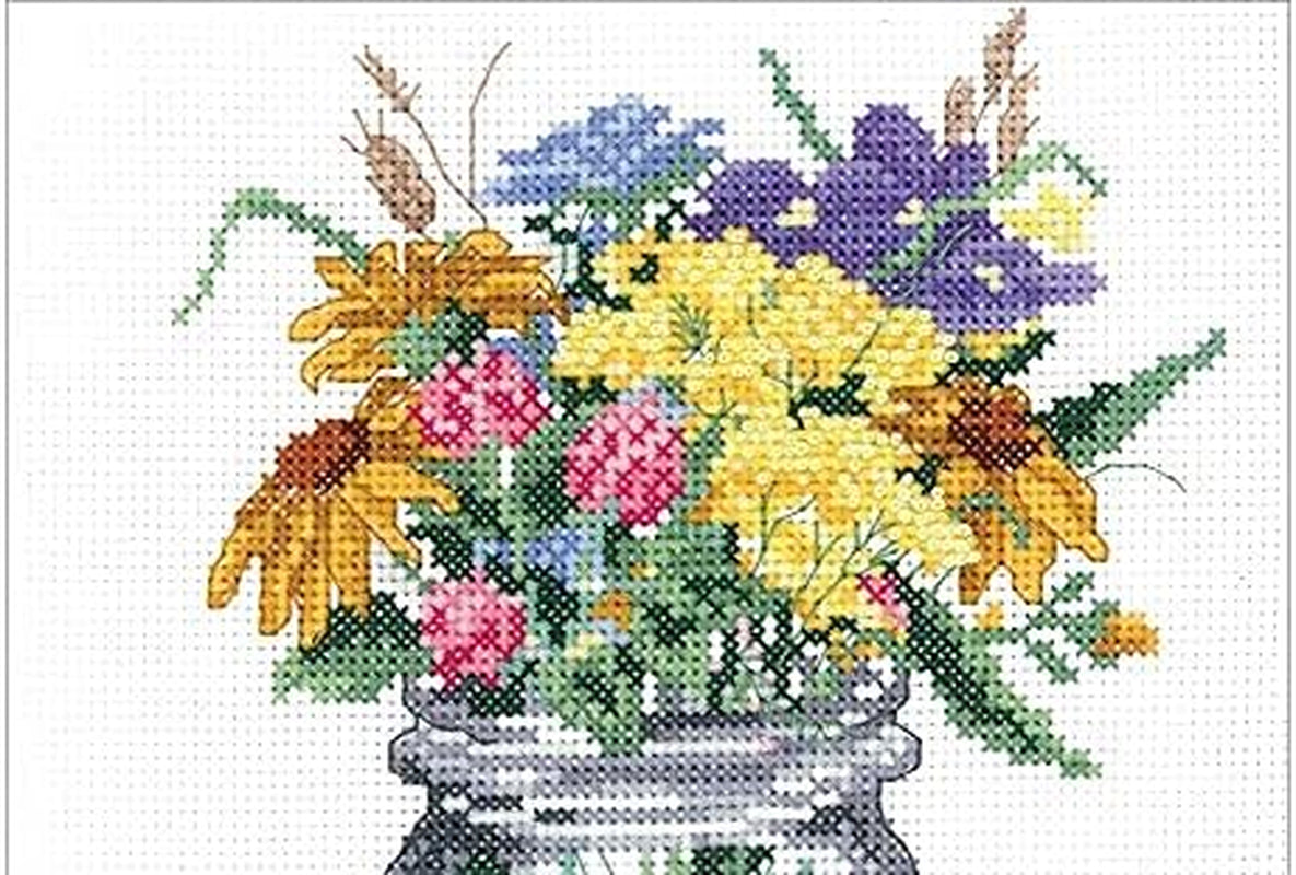 Wildflower Jar Counted Cross Stitch Kit, White, Yellow, Blue