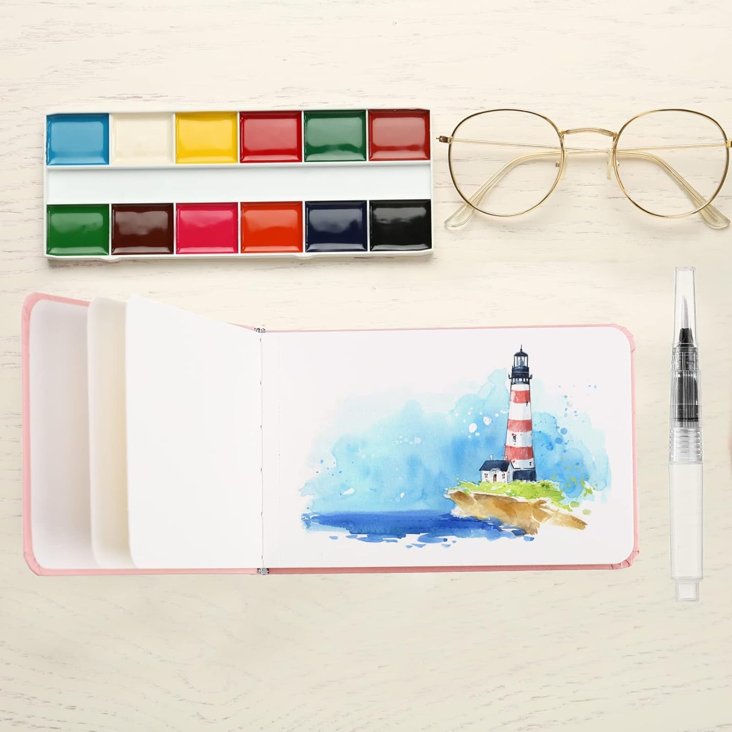 2 Pcs Watercolor Paper Sketchbook with 3 Pcs Watercolor Brush Pens, Small Portable Sketchbook Watercolor Journal Pocket Watercolor Notebook Travel for Painters Art Supplies (5.5 X 3.7 Inch)