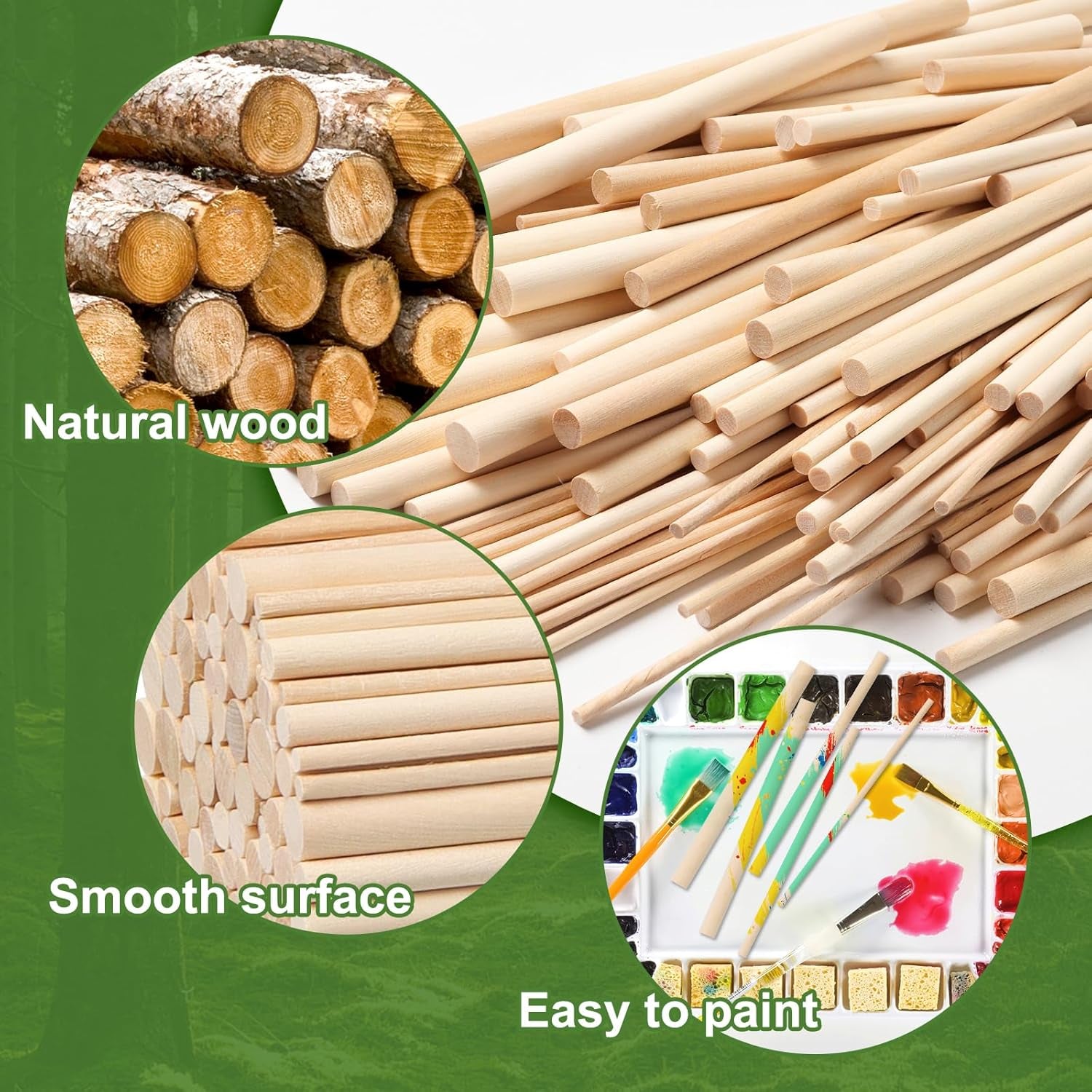 100 Pieces Wooden Dowel Rods Assorted Sizes Wooden Dowels 1/8, 3/16, 1/4, 5/16, 3/8 X 6 Inch Wood Craft Dowel Rods for Crafts and DIY