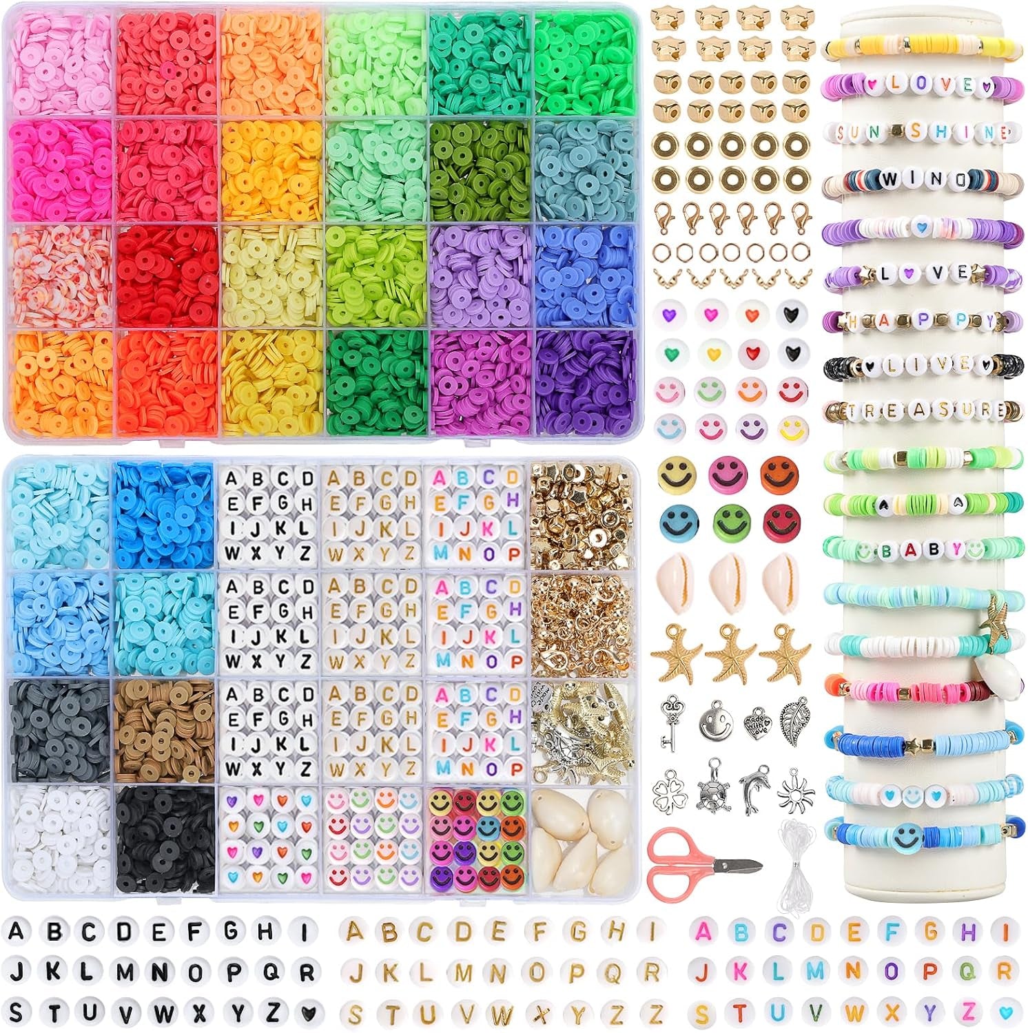 7870Pcs Clay Beads Bracelet Making Kit, 40 Colors Polymer Clay Beads Heishi Flat Beads Kit with Preppy Beads Letter Beads for Crafts Jewelry Making