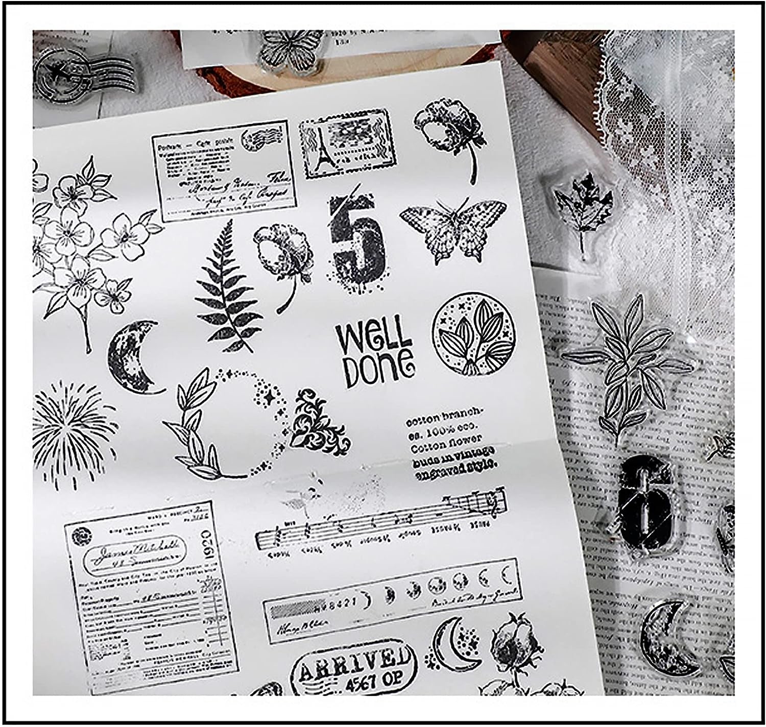 6 Sheets Clear Stamp Silicone Stamp Cards with Greeting Words, Flowers, Leaves, Butterflies, and Moons Pattern for Thanksgiving Christmas Holiday Card Making and DIY Scrapbooking Journaling