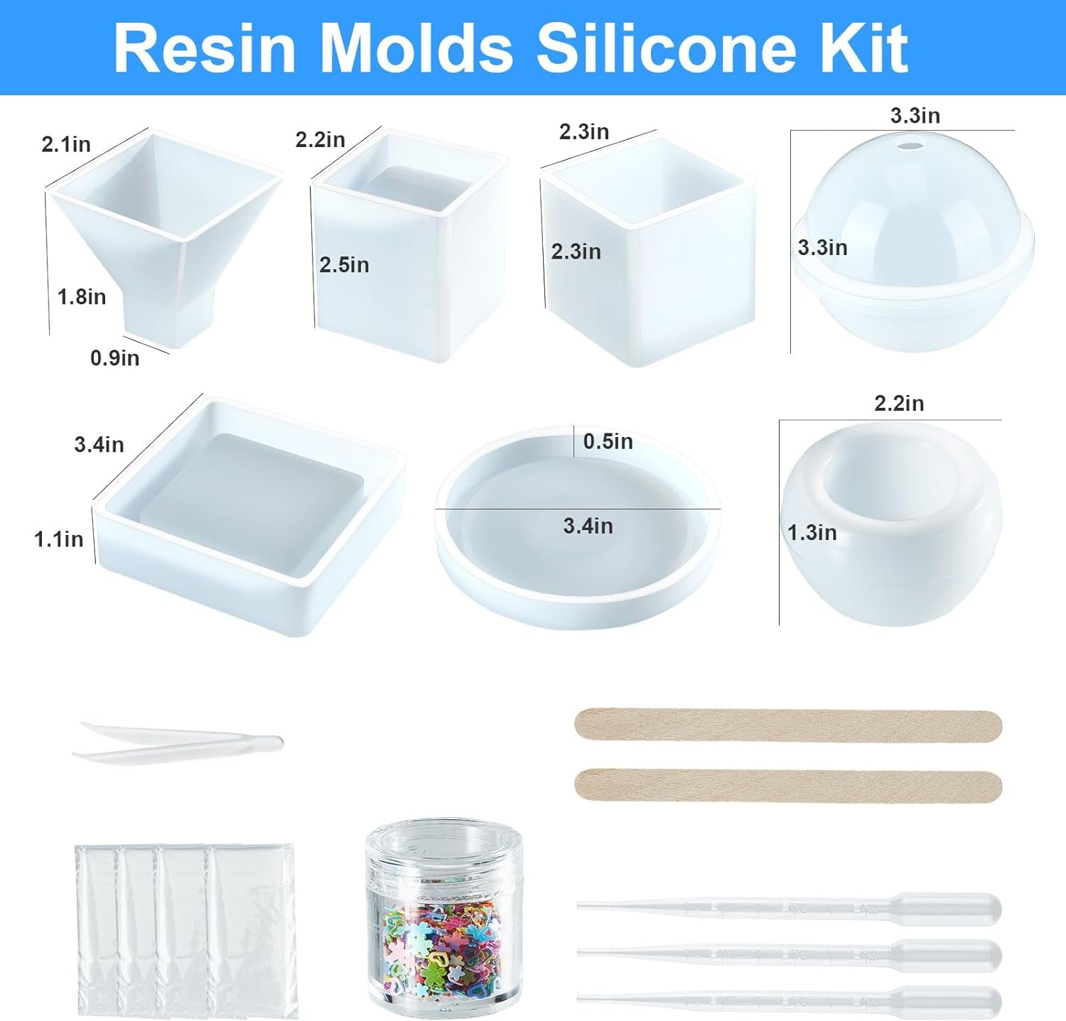 Resin Molds Silicone Kit 20Pcs,Epoxy Resin Molds Including Sphere,Cube,Pyramid,Square,Round, Used for Create Art,Diy,Ash Trays,Coasters,Candles.Bonus Decorative Sequins and the Complete Set Tools