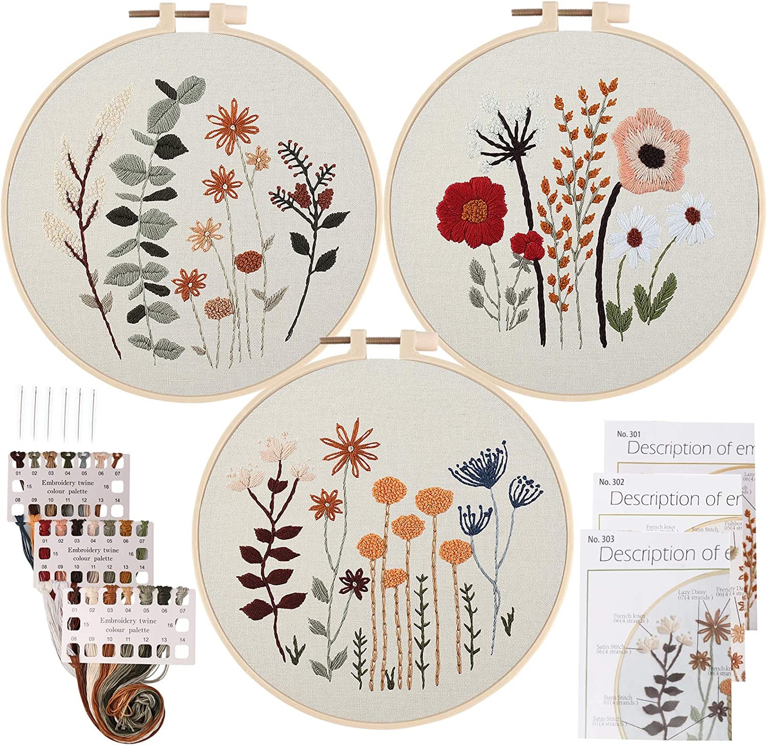 3 Pack Embroidery Starter Kit for Beginners Stamped Cross Stitch Kits with Cute Flowers and Plants Patterns with 1 Embroidery Hoop and Color Threads for Adults Kids