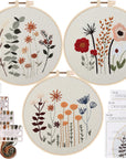 3 Pack Embroidery Starter Kit for Beginners Stamped Cross Stitch Kits with Cute Flowers and Plants Patterns with 1 Embroidery Hoop and Color Threads for Adults Kids