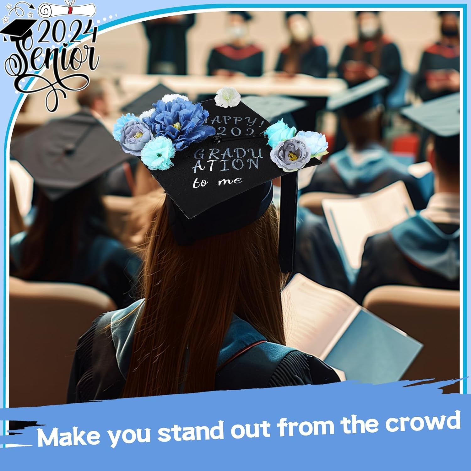 2024 Graduation Cap Decorations Kit - Grad Cap Topper Decor Included 3D Artificial Flowers & Gold and Silver Self-Adhesive Number Letter Stickers & Glue Sticks for DIY (Blue 26 Pcs)