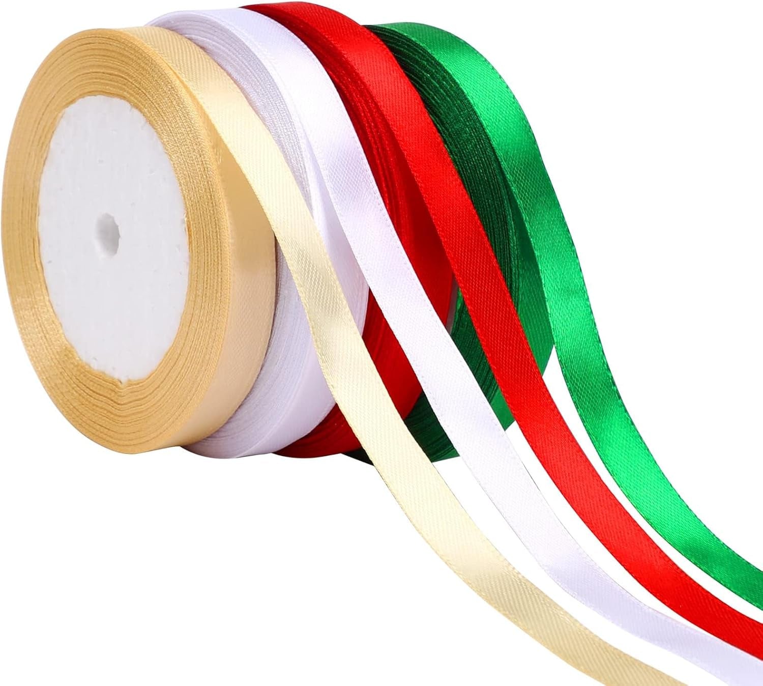 4 Rolls 100 Yards Christmas Ribbons 1Inch Wide Holiday Satin Ribbons Fabric for Gift Wrapping and DIY Craft, Red &amp; Green &amp; Gold &amp;White