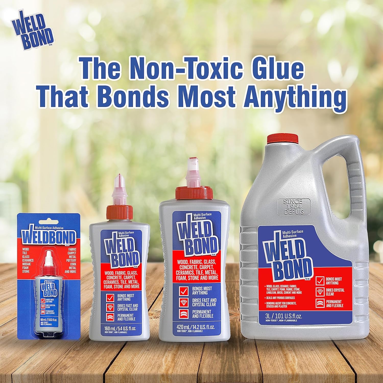 Glue - Bonds Most Anything! 3L /101 Oz Non-Toxic Adhesive Glue for Wood Tile Glass Craft Foam Fabric Stone Cement &amp; Concrete &amp; Any Other Porous Surfaces. No Fume Non-Flammable PVA Glue Gallon