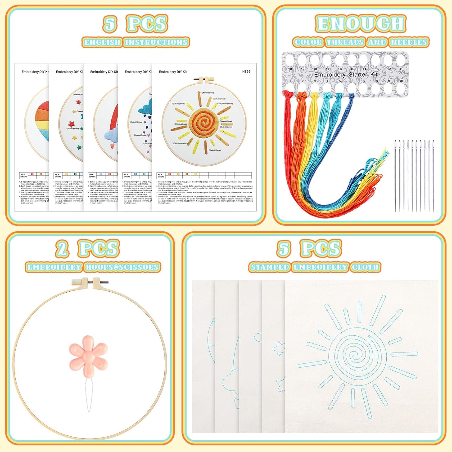 5 Set Embroidery Kit for Beginners Boho Rainbow Cross Stitch with Patterns Embroidery Hoops Instructions Embroidery Floss Needlepoint Kits DIY Adult Beginner Cross Stitch Crafts