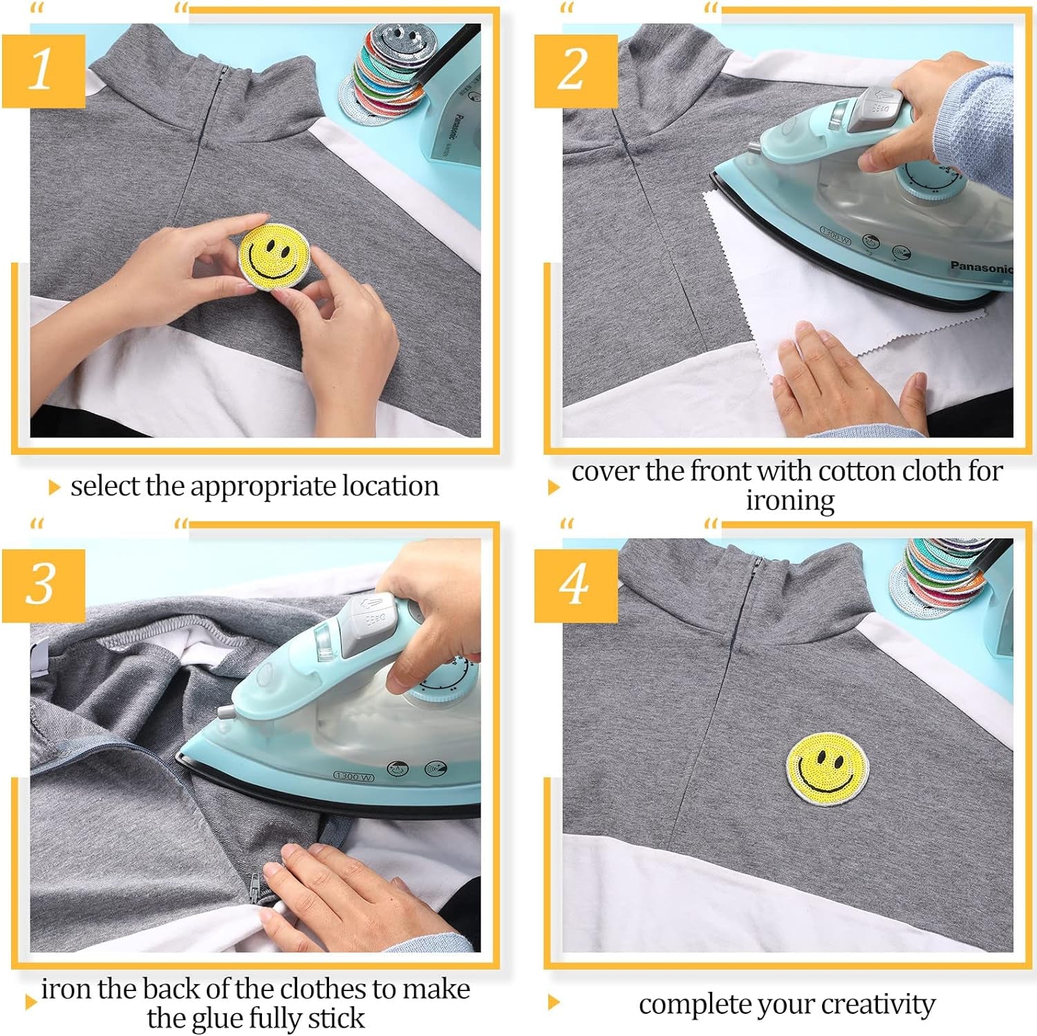 24 Pcs Smile Face Patch Iron on Patches 2 Inch Chenille Cute Preppy Happy Face Patches Glitter Heat Sequins Applique for Backpacks Hats Clothes Jackets Decorative DIY Craft(Sequin Style)