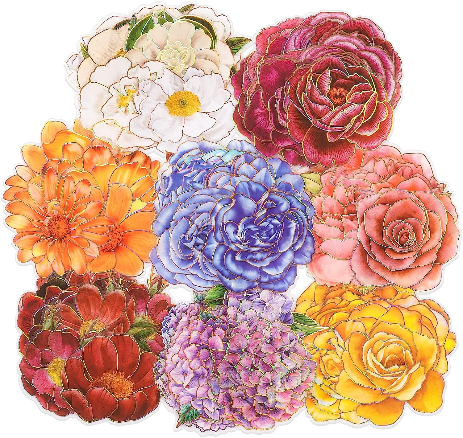 80 Pieces Large Size Flower Stickers with Gold Holographic Outlines, Glitter Shiny Floral Waterproof Decorative Decals for Scrapbooking Supplies Junk Journal Bullet Journals Planners
