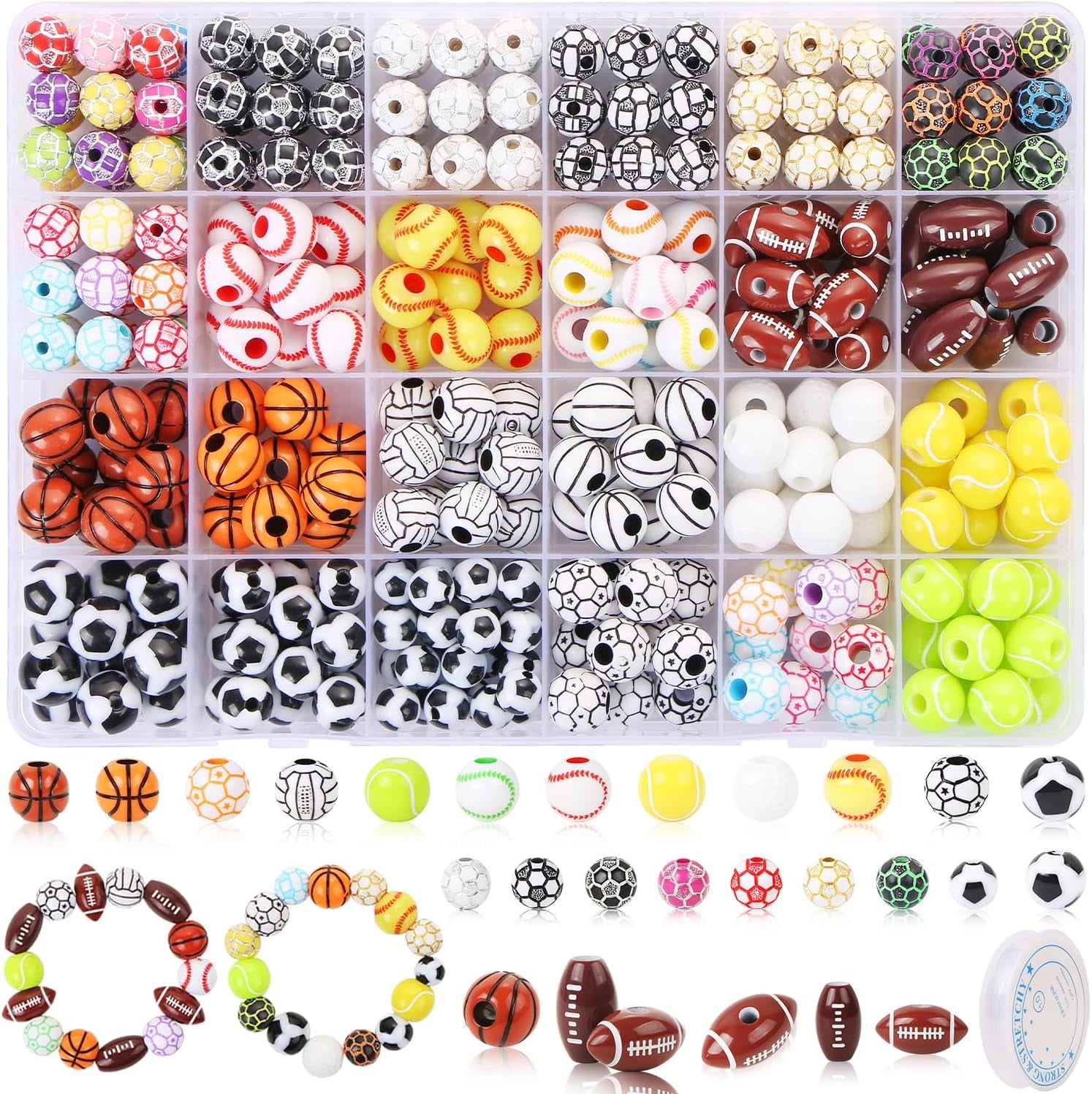 400 Pcs Sports Ball Beads for Jewelry Making, Acrylic Sports Beads Bulk, Baseball Basketball Soccer Volleyball Softball Football Beads with Box, Sports Spacer Beads for DIY Crafts Key Chains Bracelet