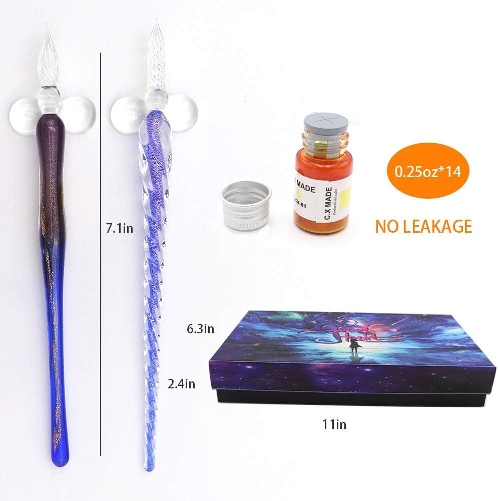 Glass Dip Calligraphy Pen Set, 18-Pieces 14 Color Inks, Pen Holder, Cleaning Cup, 2 Crystal Glass Pens for Art, Writing, Drawing, Signatures, Gift for Kids and Artist