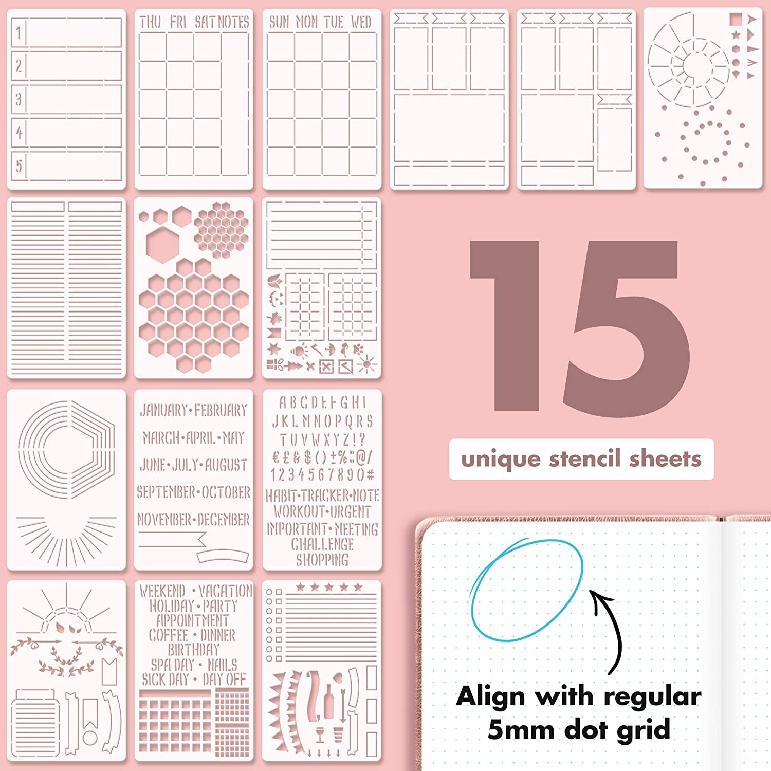 Easy to Use Stencil Set for Dotted Journals - Time Saving Planner Accessories/Supplies Kit Makes Creating Layouts Easy - Incl. Bullet Point Checklists, Daily/Weekly/Monthly Calendars
