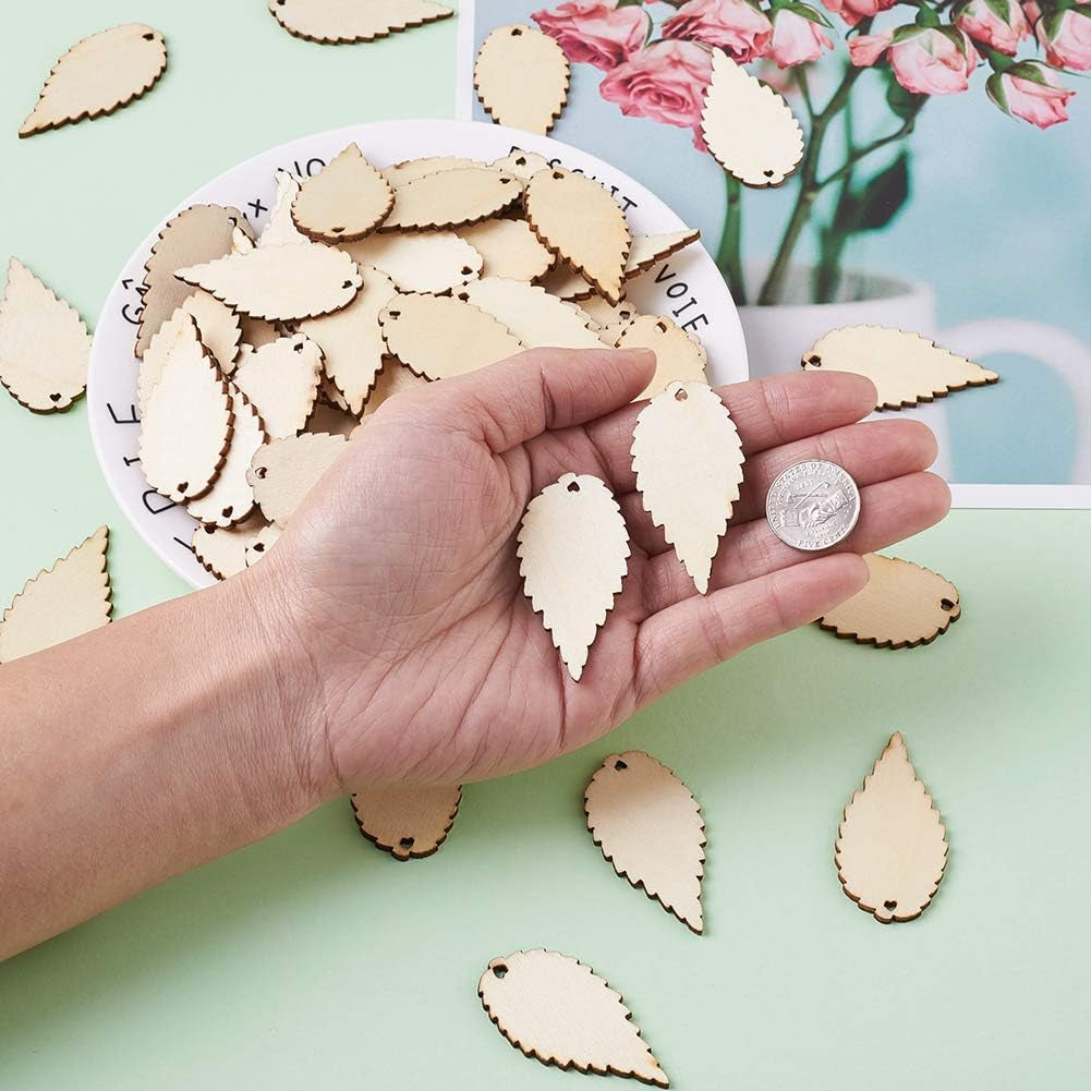 100-Piece Natural Unfinished Blank Wooden Leaf Flat Pendants Antiquewhite 1.96X1.02 Inch