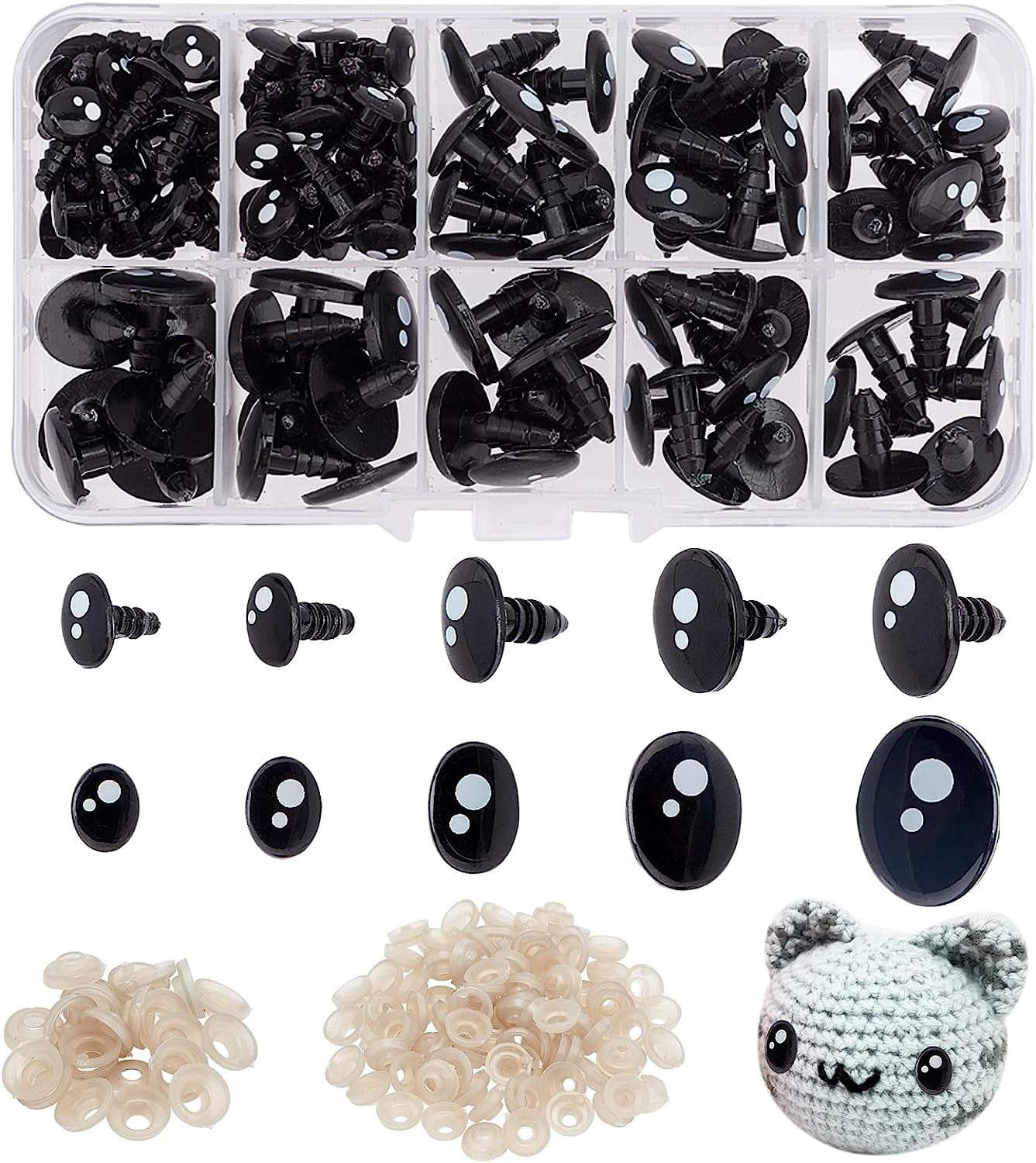 200Pcs Kawaii Safety Eyes, 5 Sizes Craft Eyes Black Stuffed Animal Eyes Kawaii Eyes with Washers Oval Resin Felt Eyes for Amigurumi Puppet Teddy Bear Crochet Plush Animal Making