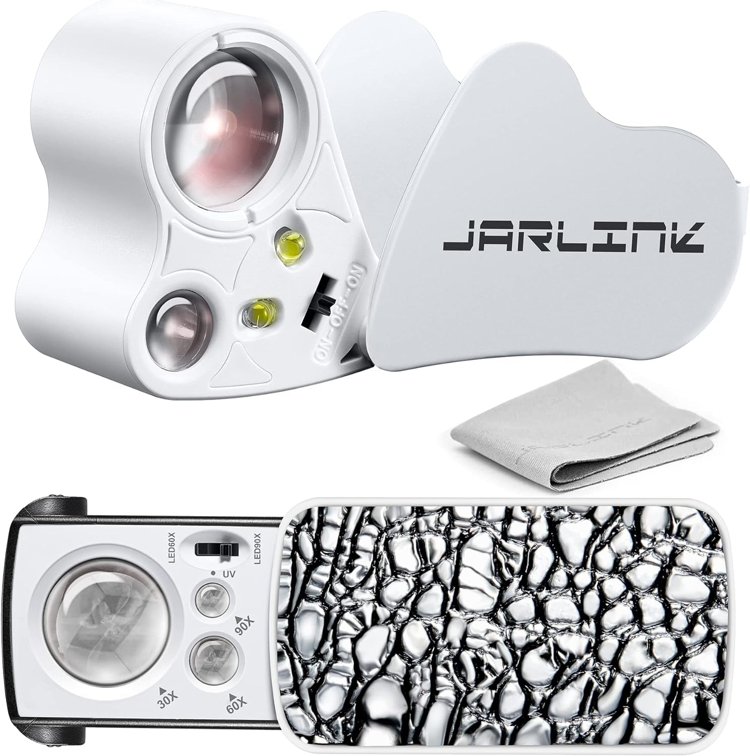 2 Pack Jewelers Loupe, 30X 60X 90X Illuminated Jewelers Eye Magnifier and Magnifying Glass Loop with UV Black Light and Bright LED Light for Gems, Jewelry, Diamond, Coins, Stamps (Black)