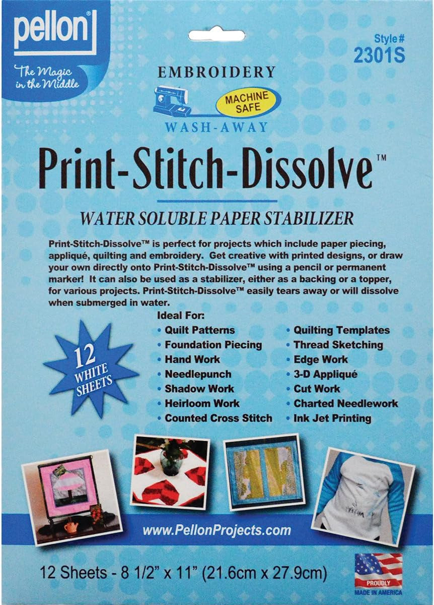 2301S Print-Stitch-Dissolve Stabilizer for Embroidery, White, 8.5" X 11", 12 Sheet ( Pack of 1 )