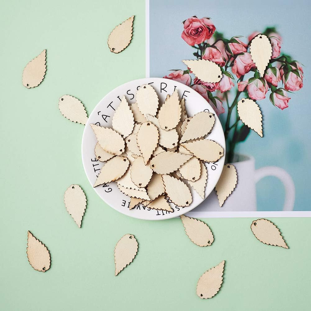100-Piece Natural Unfinished Blank Wooden Leaf Flat Pendants Antiquewhite 1.96X1.02 Inch