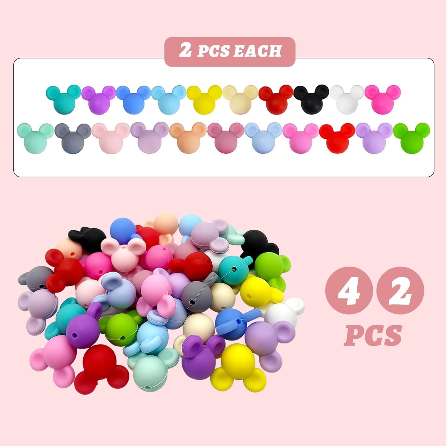 42 Pcs Mouse Head Silicone Focal Beads Cute Cartoon Loose Beads Accessory for DIY Keychains Bracelet Necklace Pens Lanyard Making