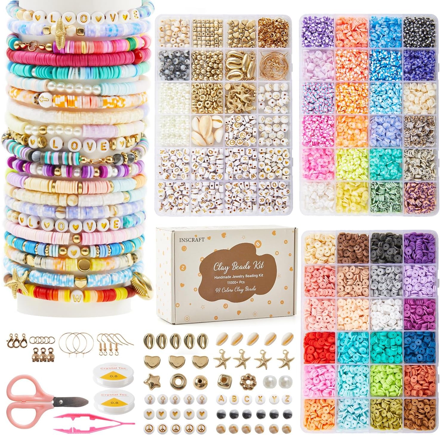 11000 Pcs Clay Beads for Bracelet Making Kit, 48 Colors Flat round Polymer Clay Beads, Friendship Bracelet Kit Heishi Beads for DIY Jewelry Making, Crafts Gift for Girls Teen Ages 6-12