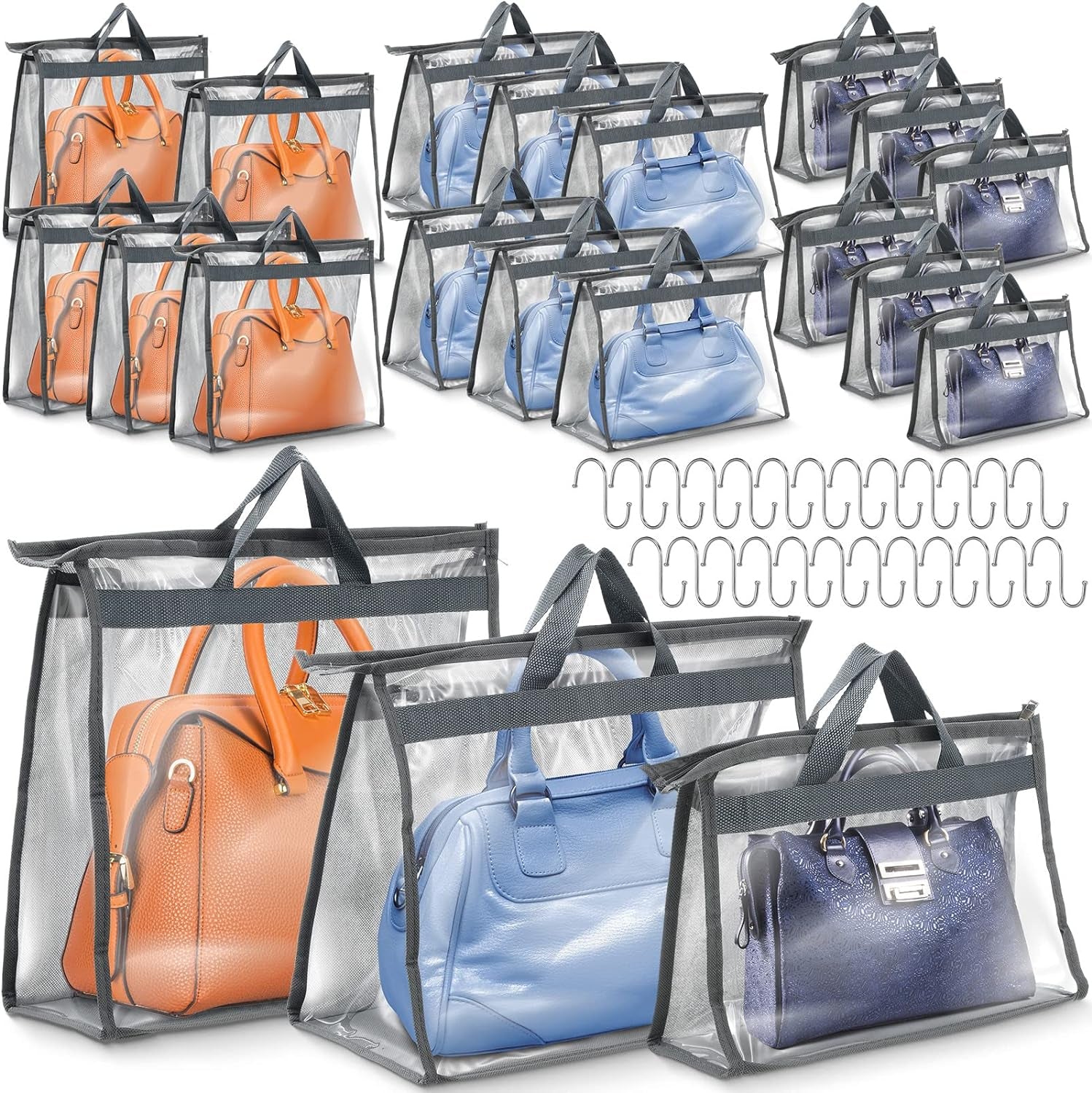 20 Pack Dust Bags for Handbags Clear Handbag Storage 3 Sizes Handbag Organizers for Closets Hand Bag Dust Cover Purse Protector Bag with Zipper and Handles with 25 Pcs S Shape Hooks