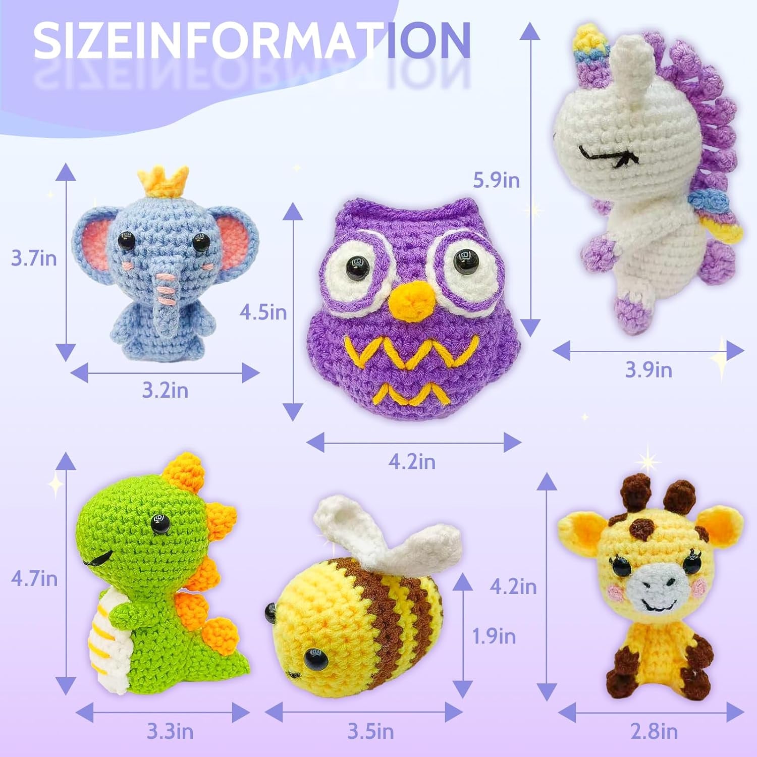 6Pcs Crochet Starter Kit Beginner for Adults - Knitting Kit for Adults and Kids Beginners - Amigurumi Crocheting Animals Kits with Step-By-Step Video Tutorials Dinosaur, Rainbow Bee, Unicorn